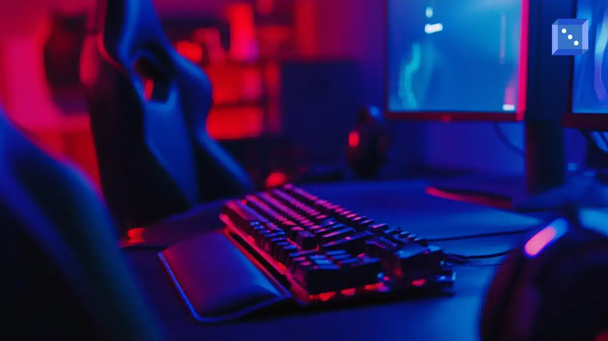 En gamingdator med mekaniskt tangentbord och dubbla skärmar i ett upplyst rum med blå och röda neonljus.
