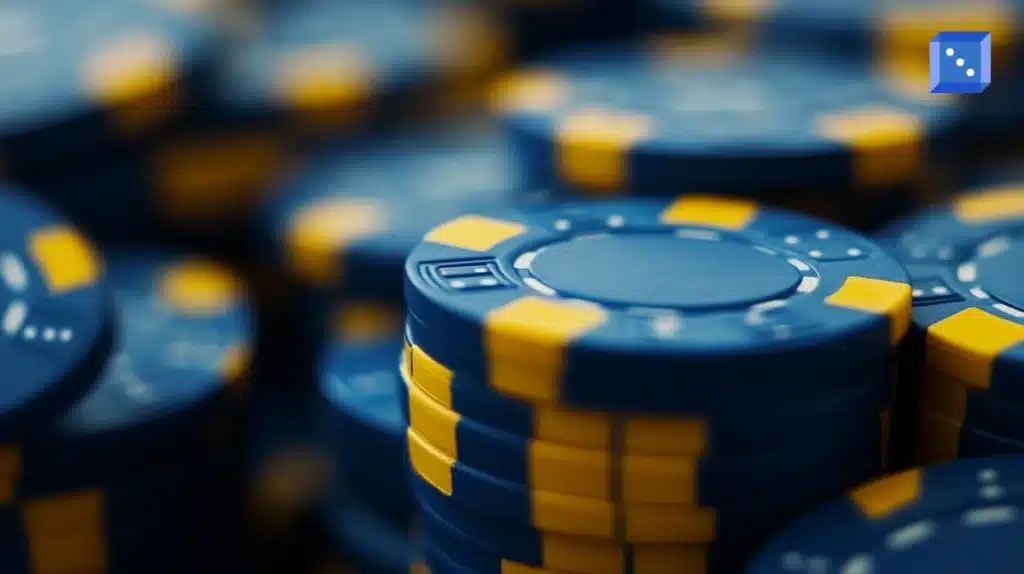 Staplar av blå och gula pokerchips i närbild, med ett diskret kasinoinspirerat motiv i bakgrunden.