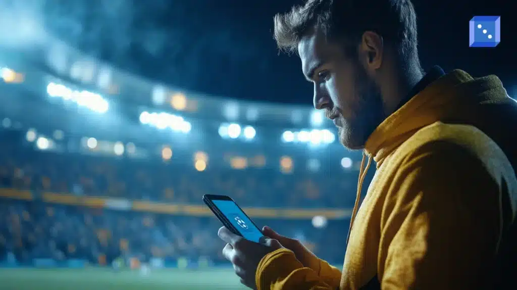 Svensk man i gul och blått som bettar på sin mobil vid en fotbollsmatch.
