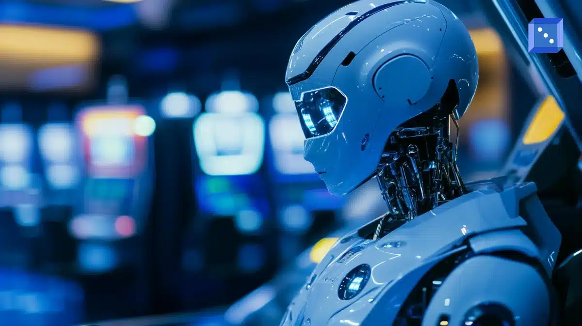 En futuristisk robot i ett casino med spelautomater i bakgrunden, symboliserande AI:s roll inom spelindustrin.