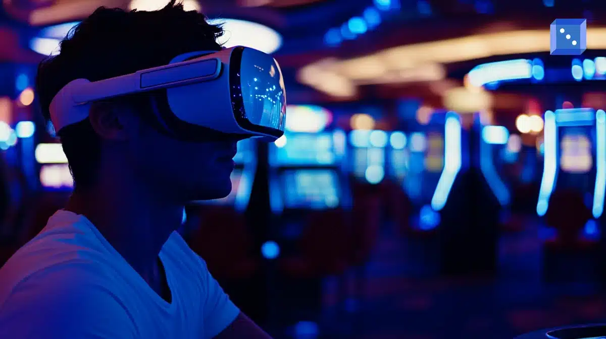 Man med VR-headset upplever ett virtuellt casinospel i en neonupplyst spelhall med slotmaskiner i bakgrunden.