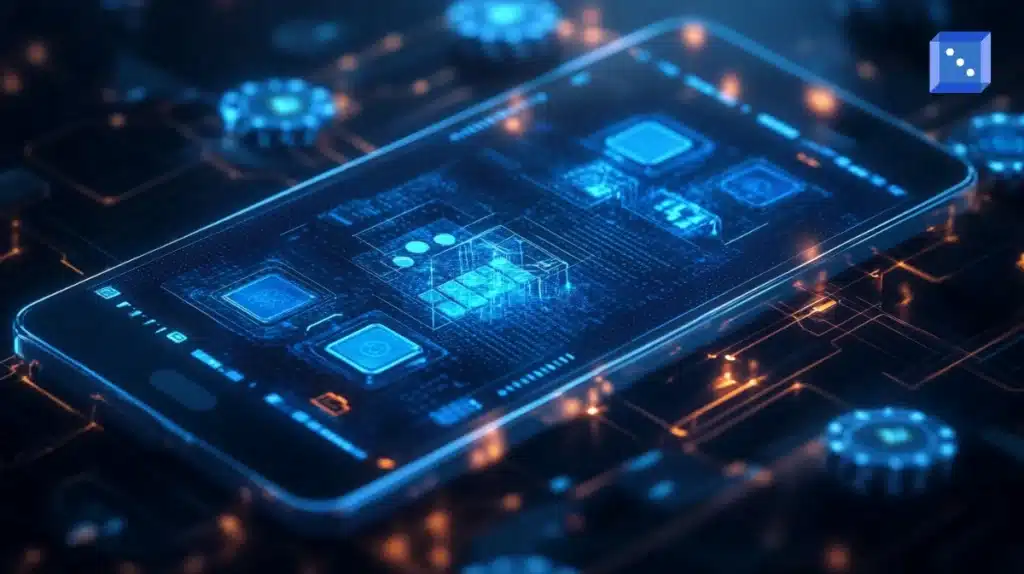 Smartphone med holografiska kretsar och app-ikoner, symboliserar utveckling av en casinoapp.
