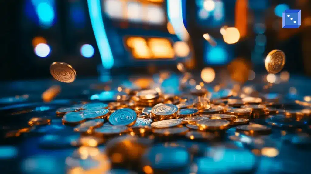 Gyllene mynt som faller framför en spelautomat i en färgglad kasinomiljö med blå och orange ljus.