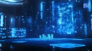 Digitalt casino med holografiska pokerchips och dataskärmar i neonblått ljus.