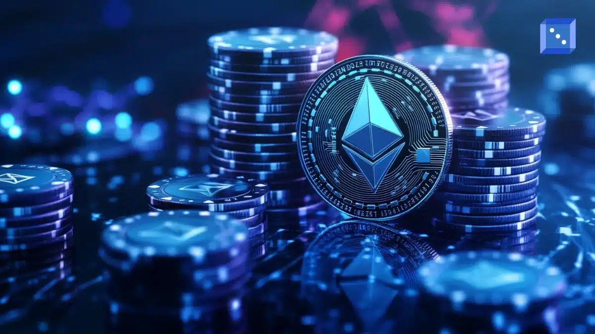 Ethereum-mynt staplade brevid spelmarker på ett digitalt bord.