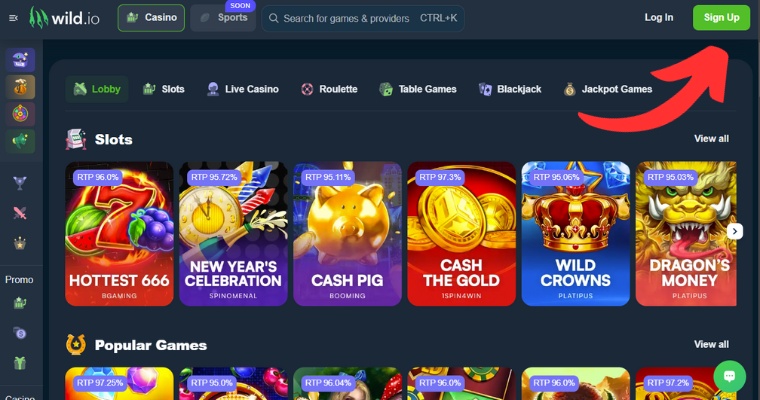 Skärmbild på casino utan konto med pil mot registreringsknapp