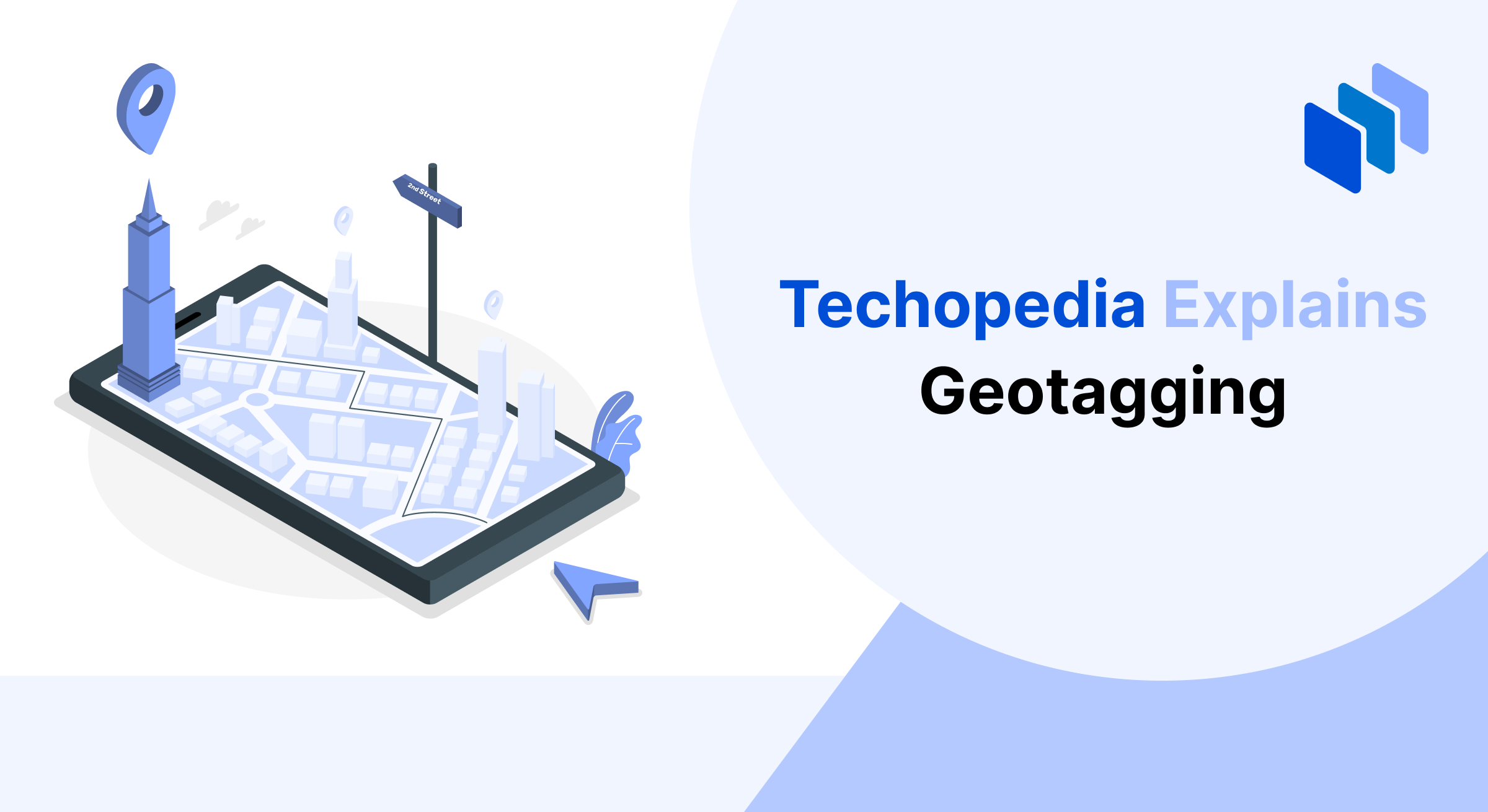 Illustration of a smartphone displaying a map with buildings, a location pin, and a street sign, representing the concept of geotagging and location-based metadata.