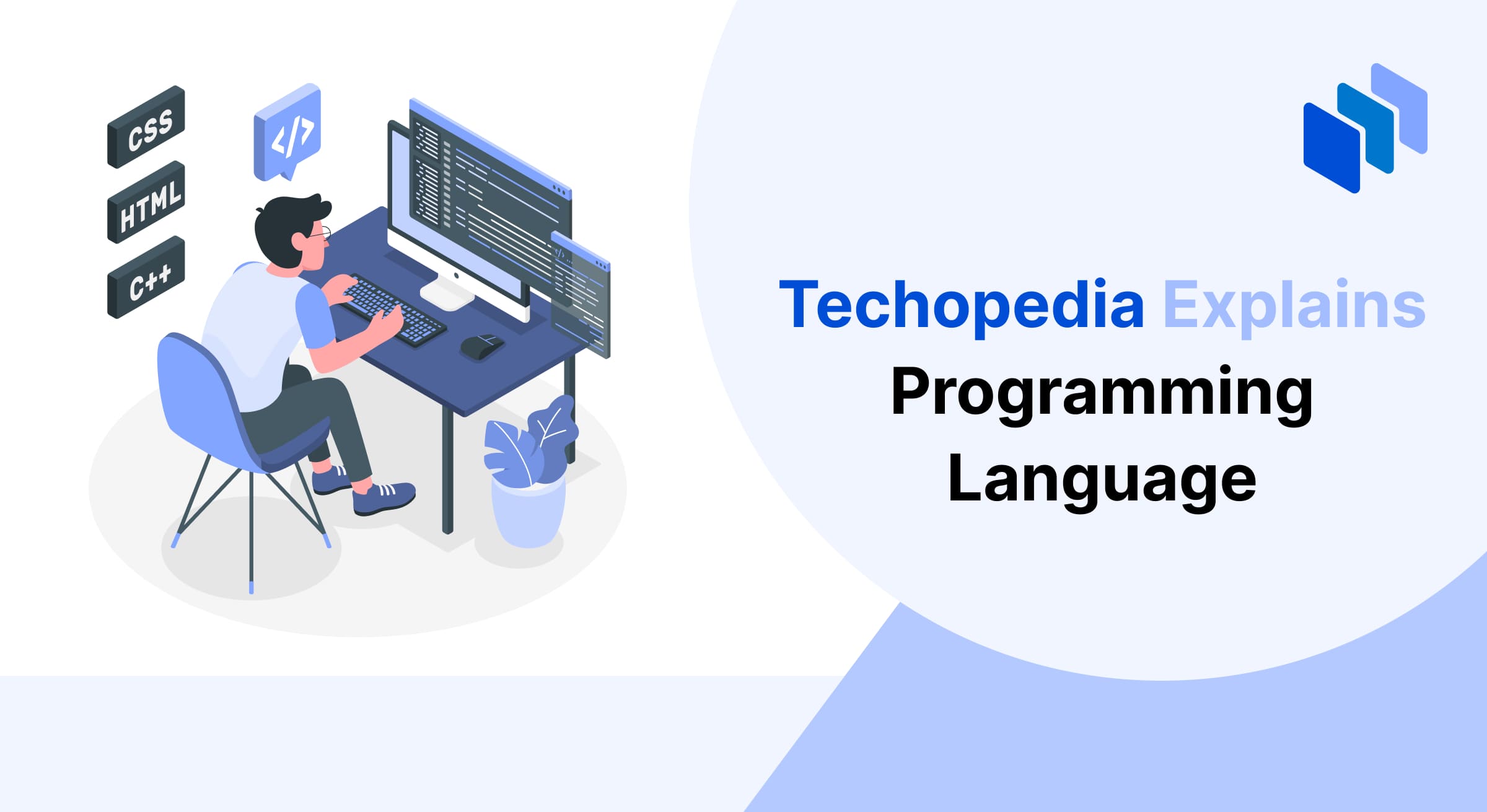 Illustration of a programmer working on a computer with coding symbols like CSS, HTML, and C++ displayed, representing the concept of programming languages used for software and web development.