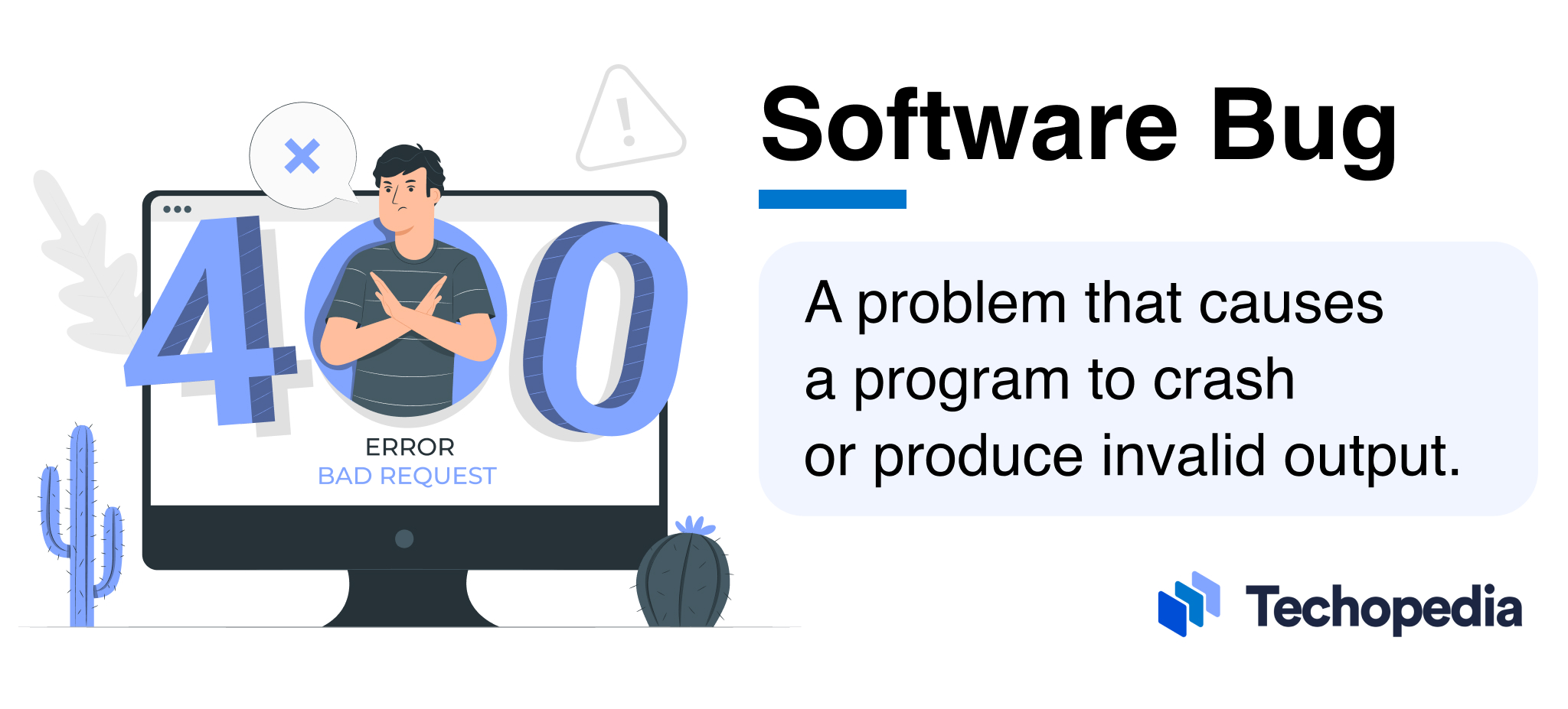 A visual of a computer screen displaying a “400 Error - Bad Request” message with a frustrated person crossing their arms, representing a software bug causing program issues or crashes.