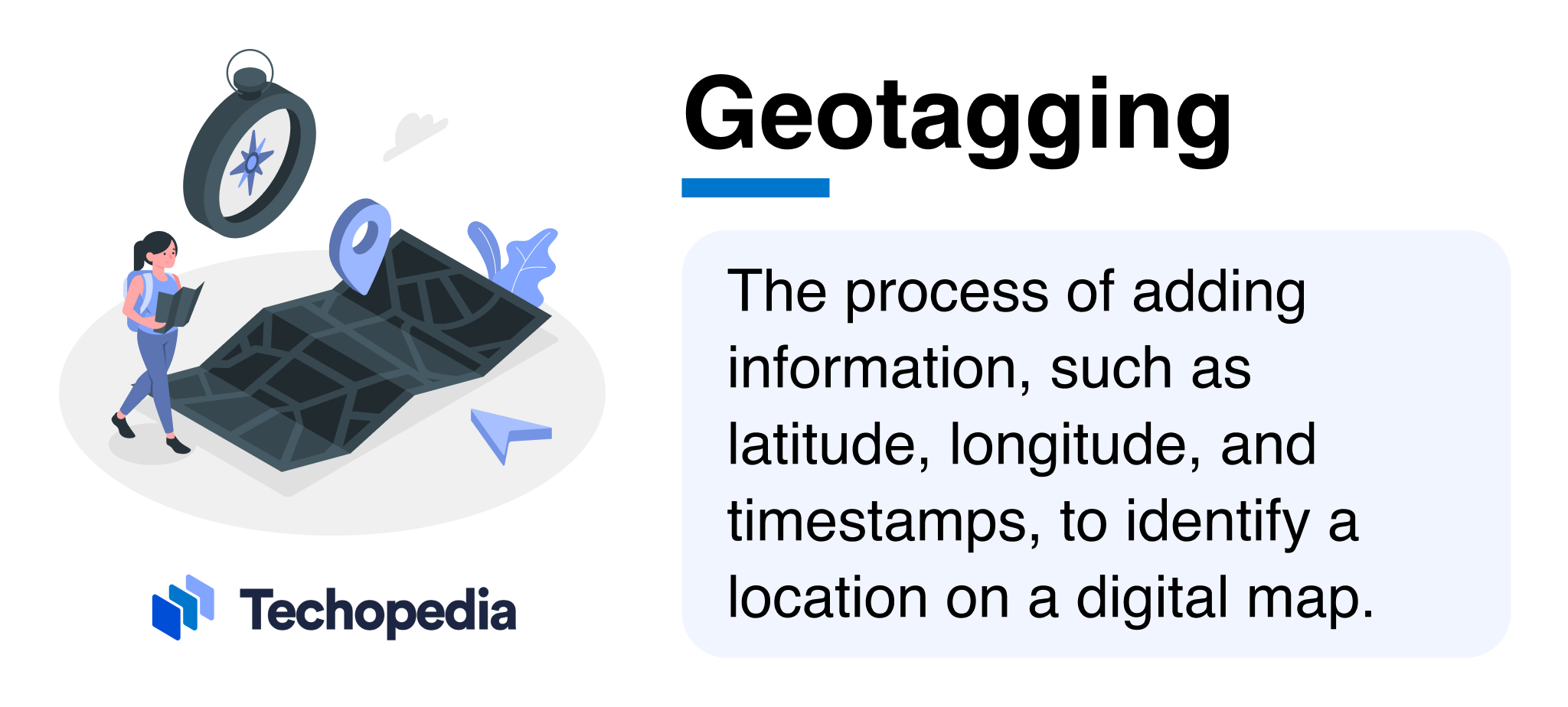Illustration of a woman reading a map with a compass and a geotag icon, explaining the concept of geotagging by adding location metadata such as latitude and longitude.