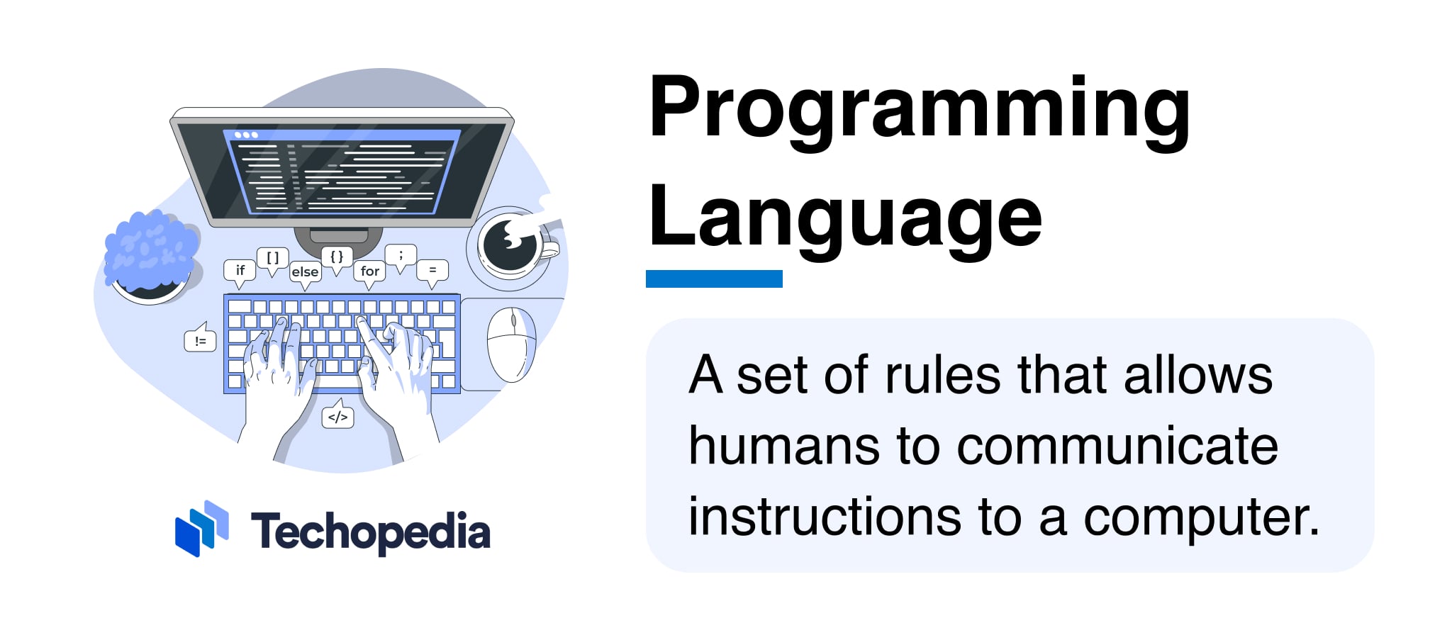 Illustration of hands typing on a keyboard with programming elements and text "Programming Language"