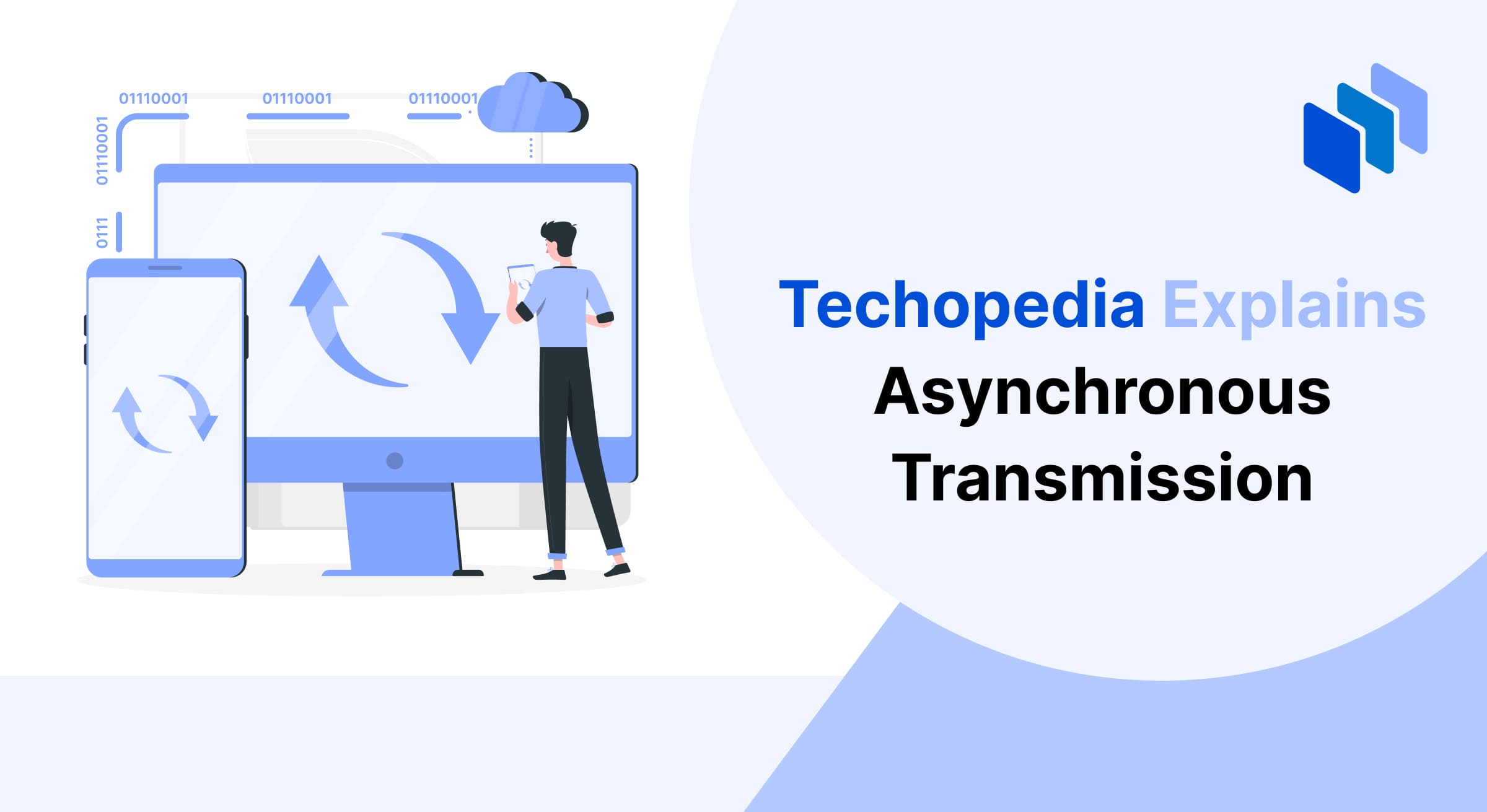 Illustration of a person synchronizing data between a smartphone and a computer, representing the concept of asynchronous transmission where data is sent without a synchronized clock signal.