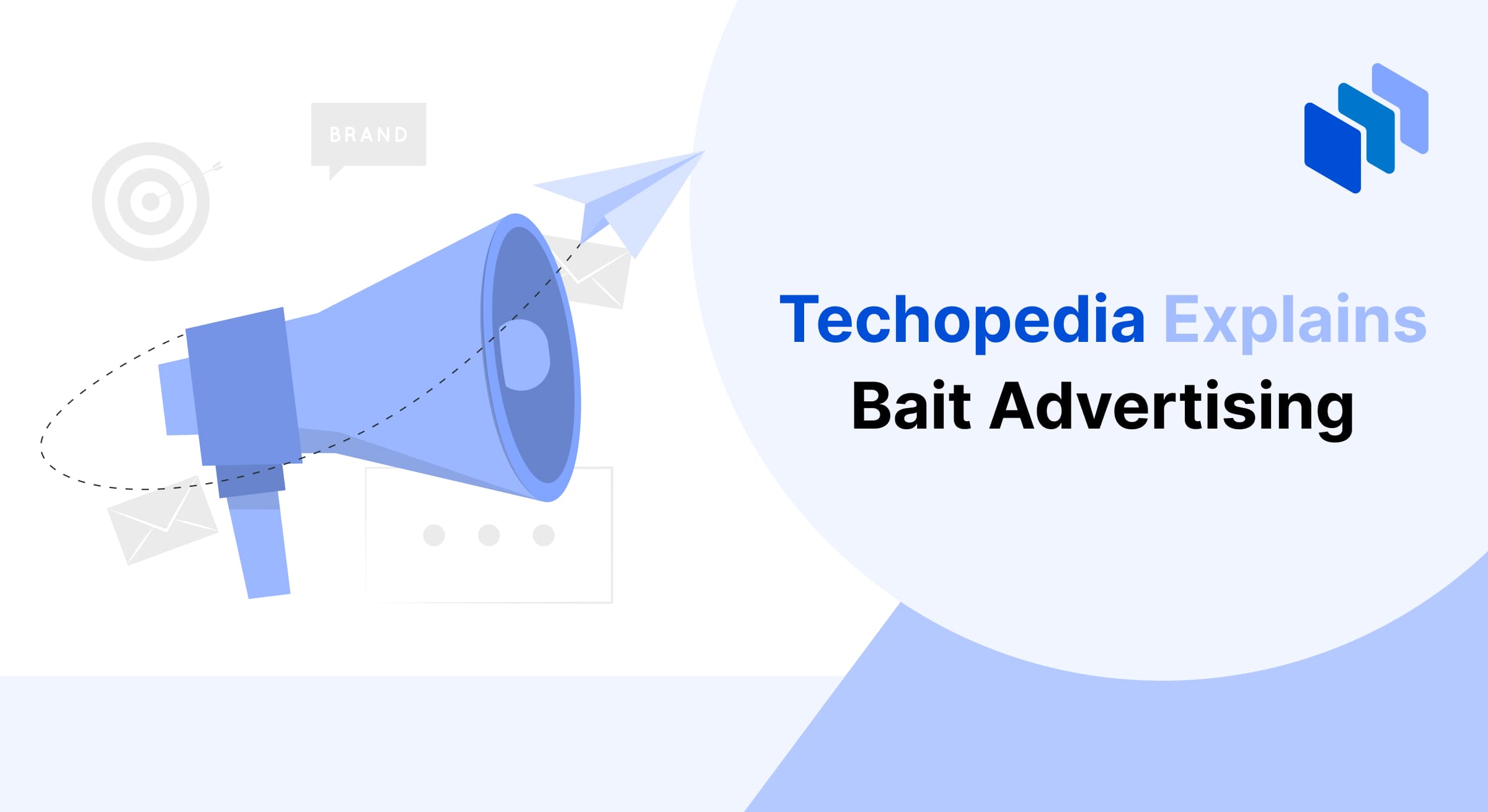 Illustration of a blue megaphone and a paper plane symbolizing bait advertising, a practice of attracting customers with misleading offers to promote additional sales or products.