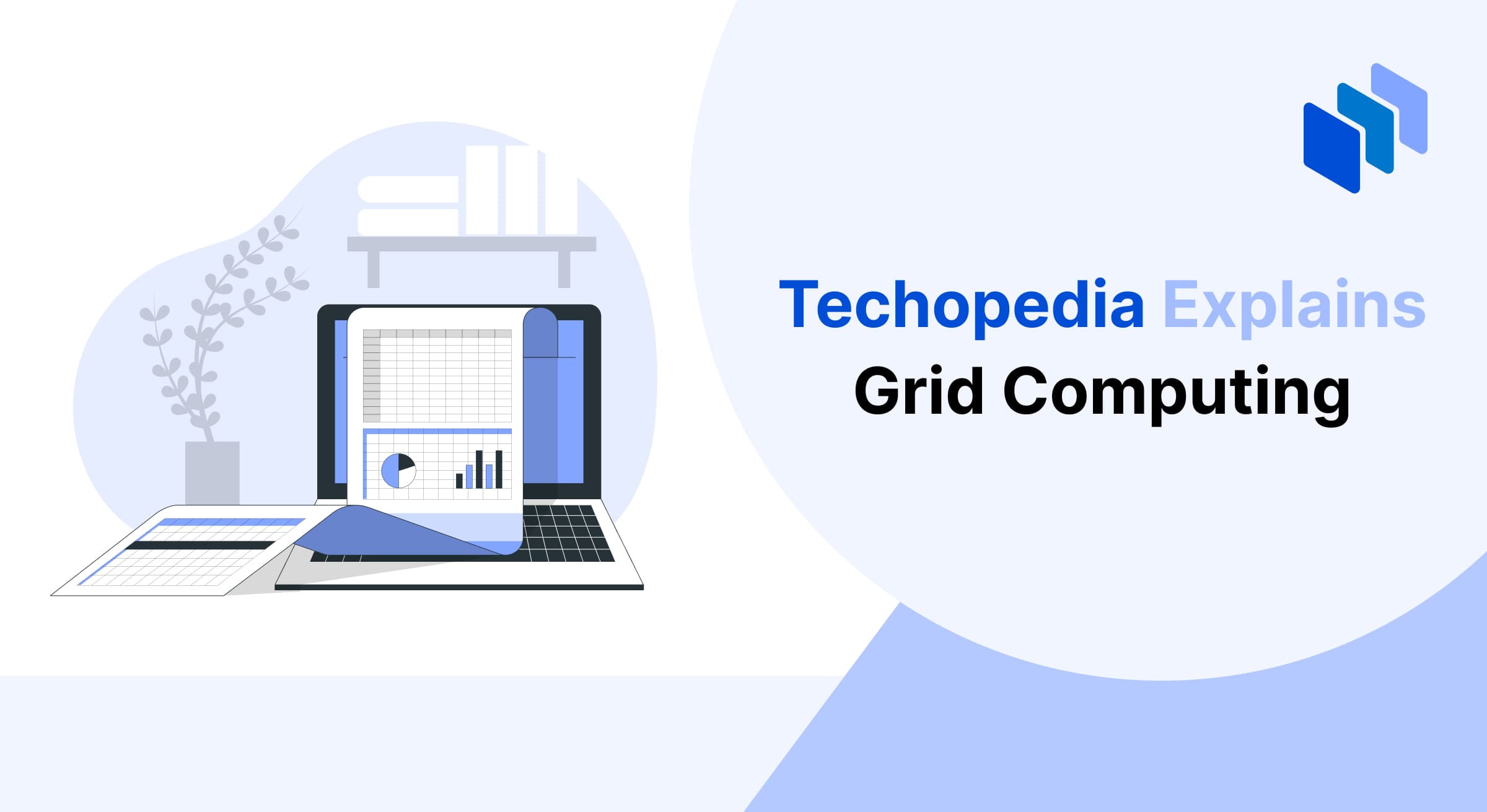 Illustration of a laptop displaying graphs and data charts, symbolizing the concept of grid computing as a distributed computing system where resources are pooled to process large datasets.