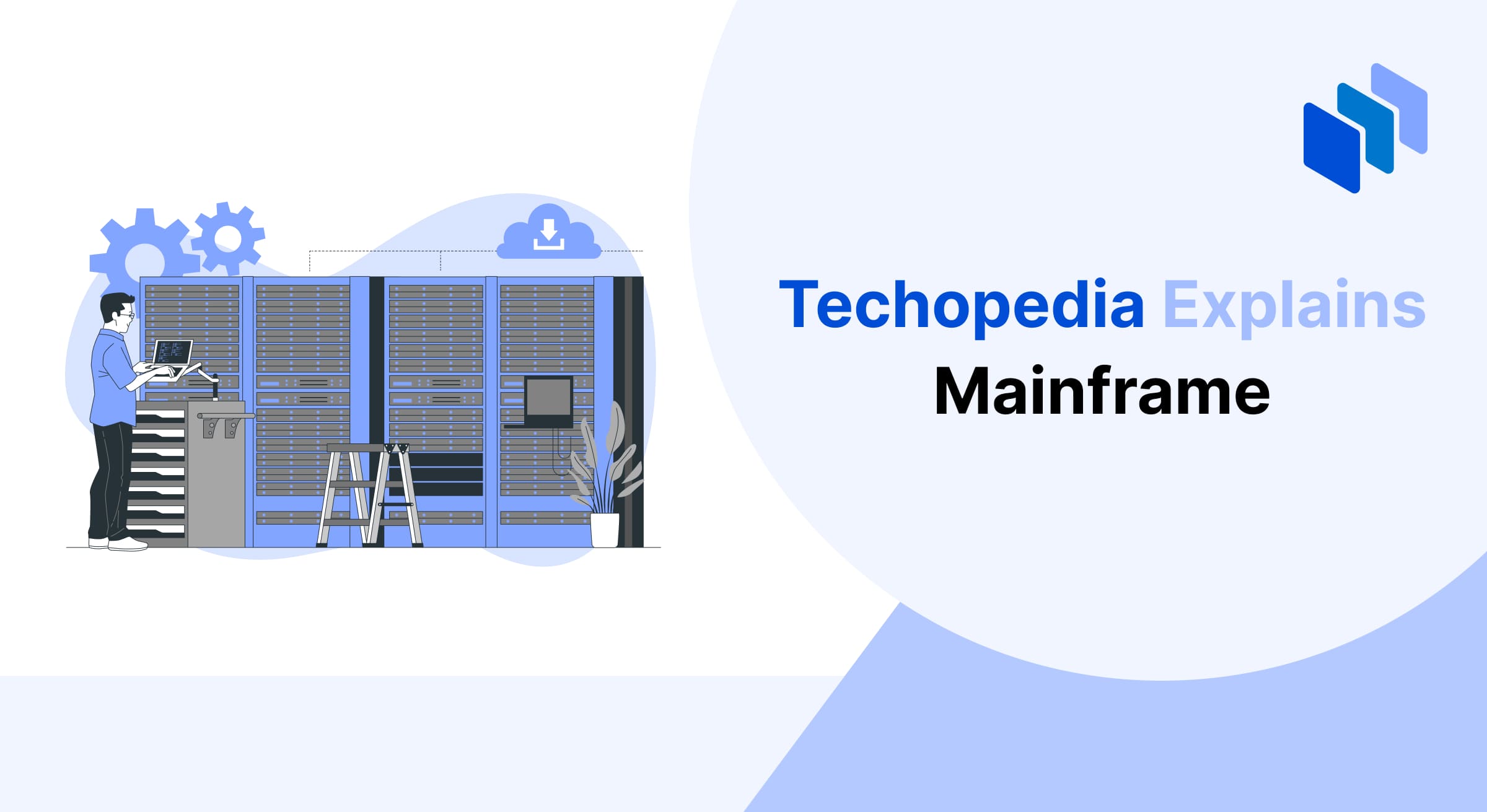llustration of a person working with a mainframe computer system, showcasing large servers and cloud integration. Represents the concept of mainframes as powerful computing systems used for large-scale data processing.