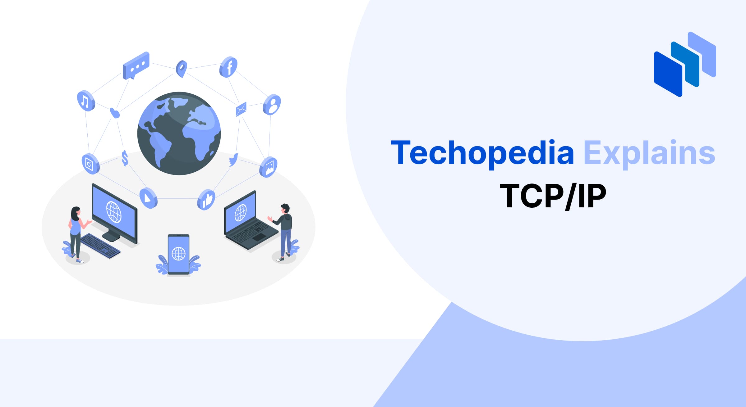 An infographic explaining TCP/IP, featuring interconnected devices around a globe, symbolizing communication and data exchange over the internet using the TCP/IP protocol.