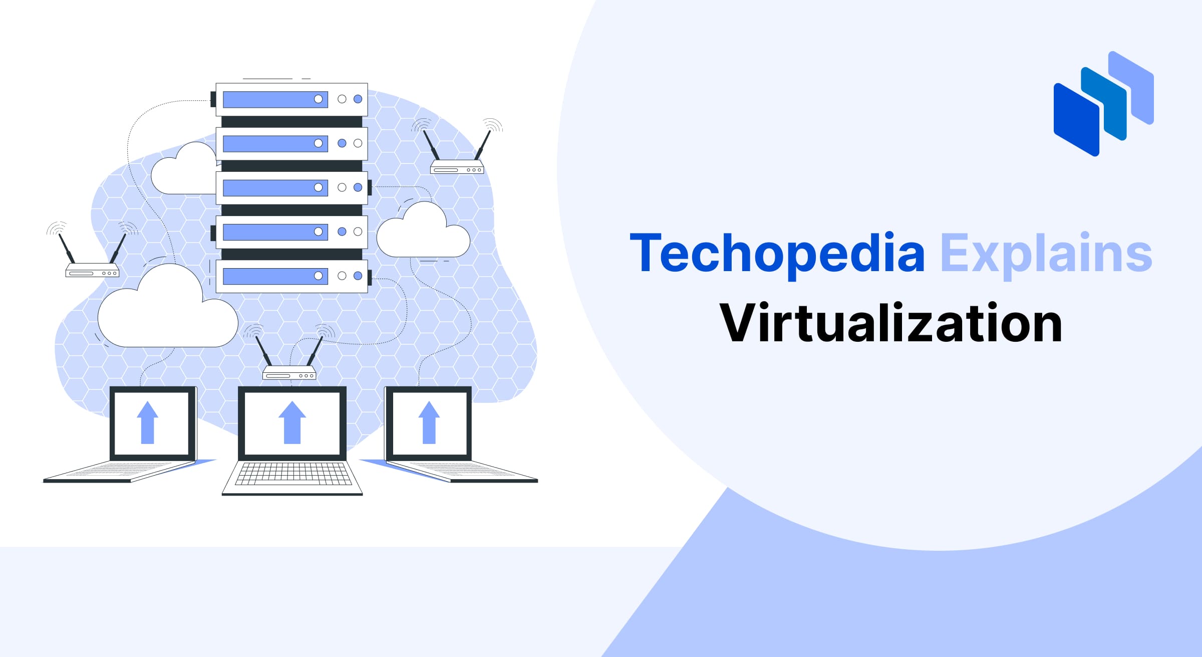 An illustration showcasing virtualization, featuring server stacks connected to cloud icons, routers, and laptops. The laptops display upward arrows, symbolizing data transfer or virtual resource sharing. The image highlights the concept of virtualizing physical systems into cloud-based environments.
