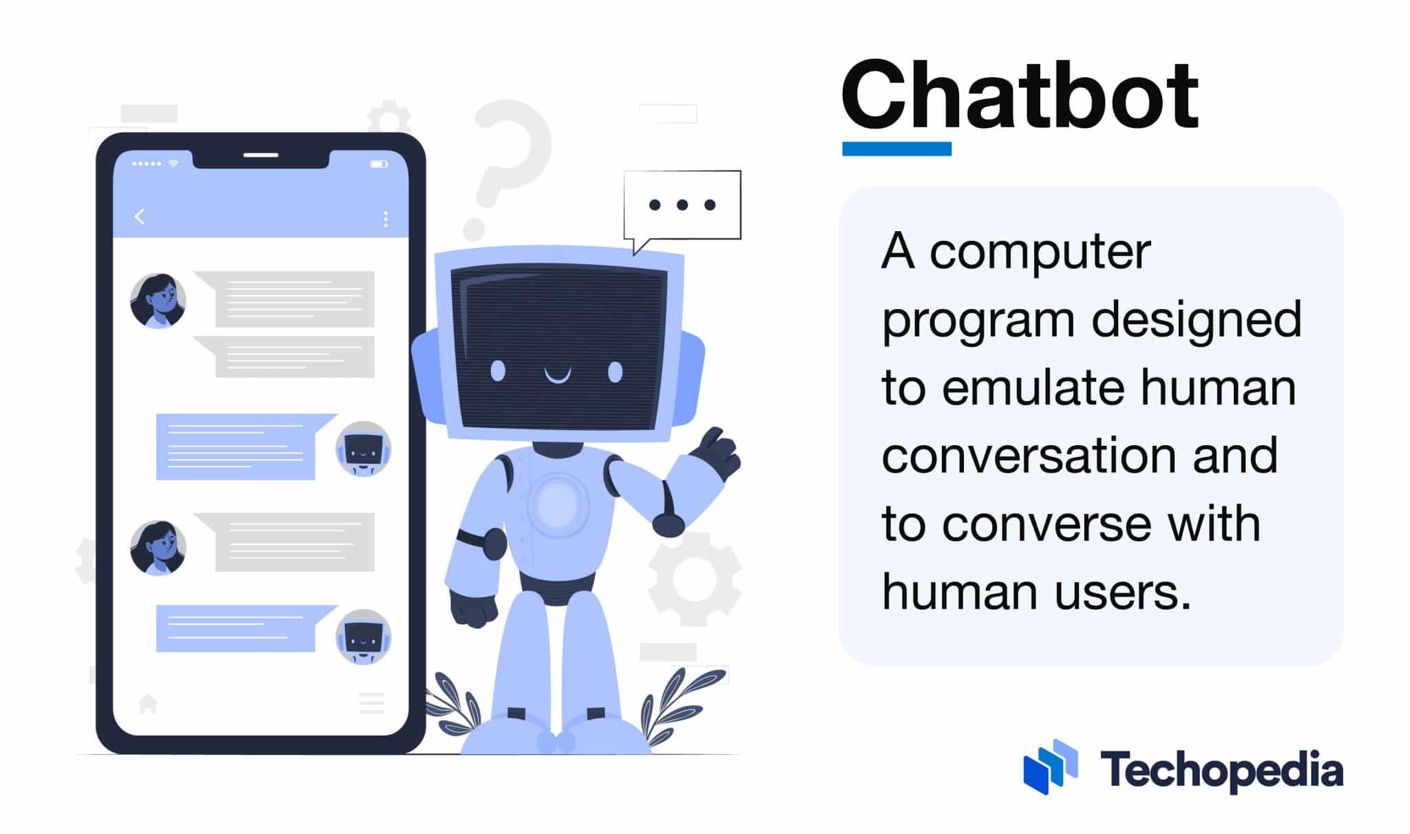 An illustration of a smiling robot standing next to a smartphone screen showing a chat interface with text bubbles. The text reads, “Chatbot: A computer program designed to emulate human conversation and to converse with human users.” The Techopedia logo is displayed at the bottom.