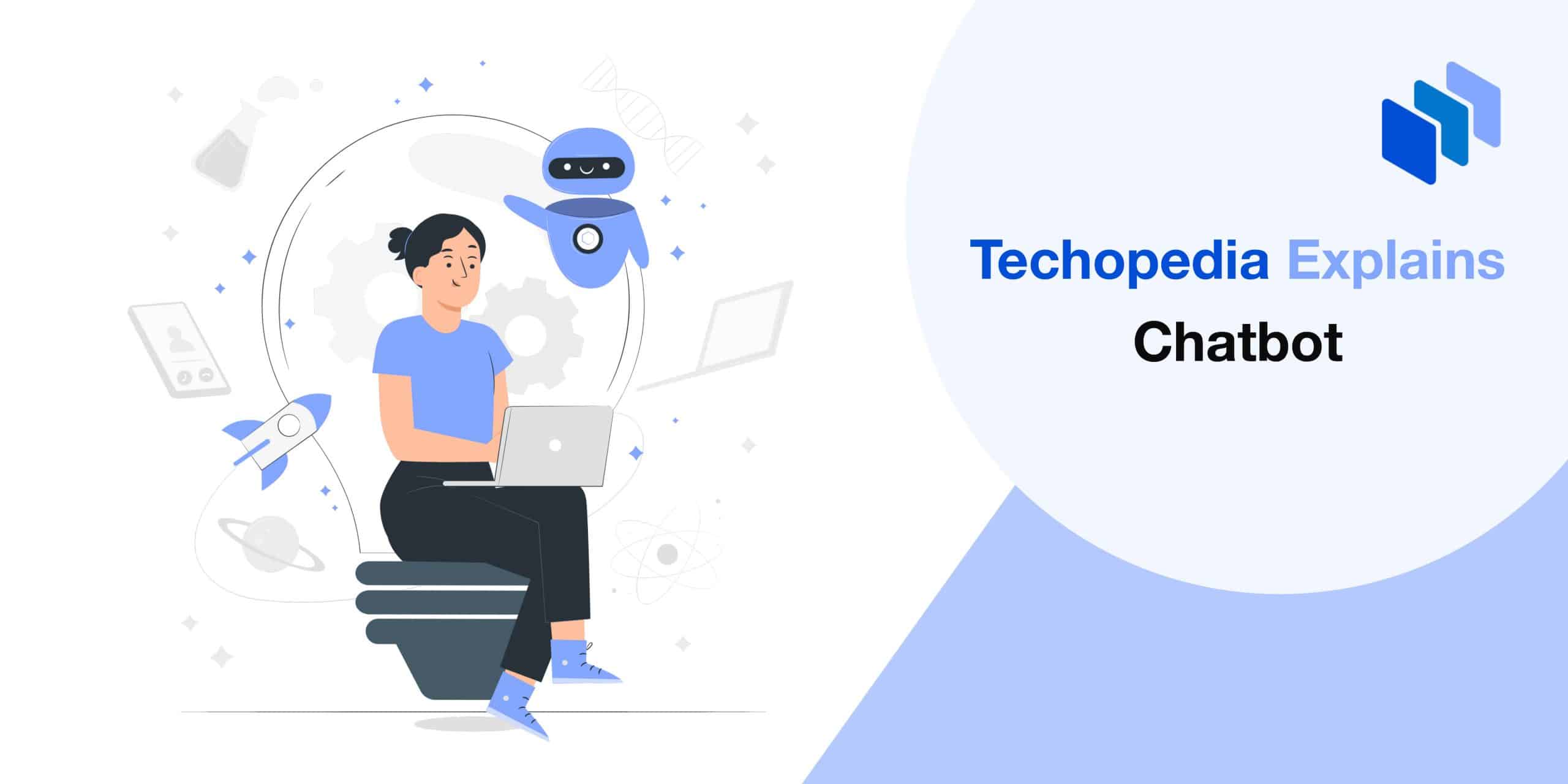 An illustration of a woman sitting on a stack of books, using a laptop, with a robot hovering beside her. Various technology-related icons, such as gears, rockets, and planets, surround the scene. The image visually represents chatbot technology and innovation in artificial intelligence.