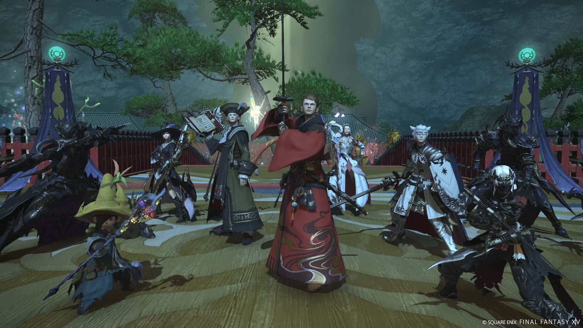 A diverse group of armored characters from Final Fantasy XIV posing in a traditional Japanese-style setting, showcasing different classes and weapons.