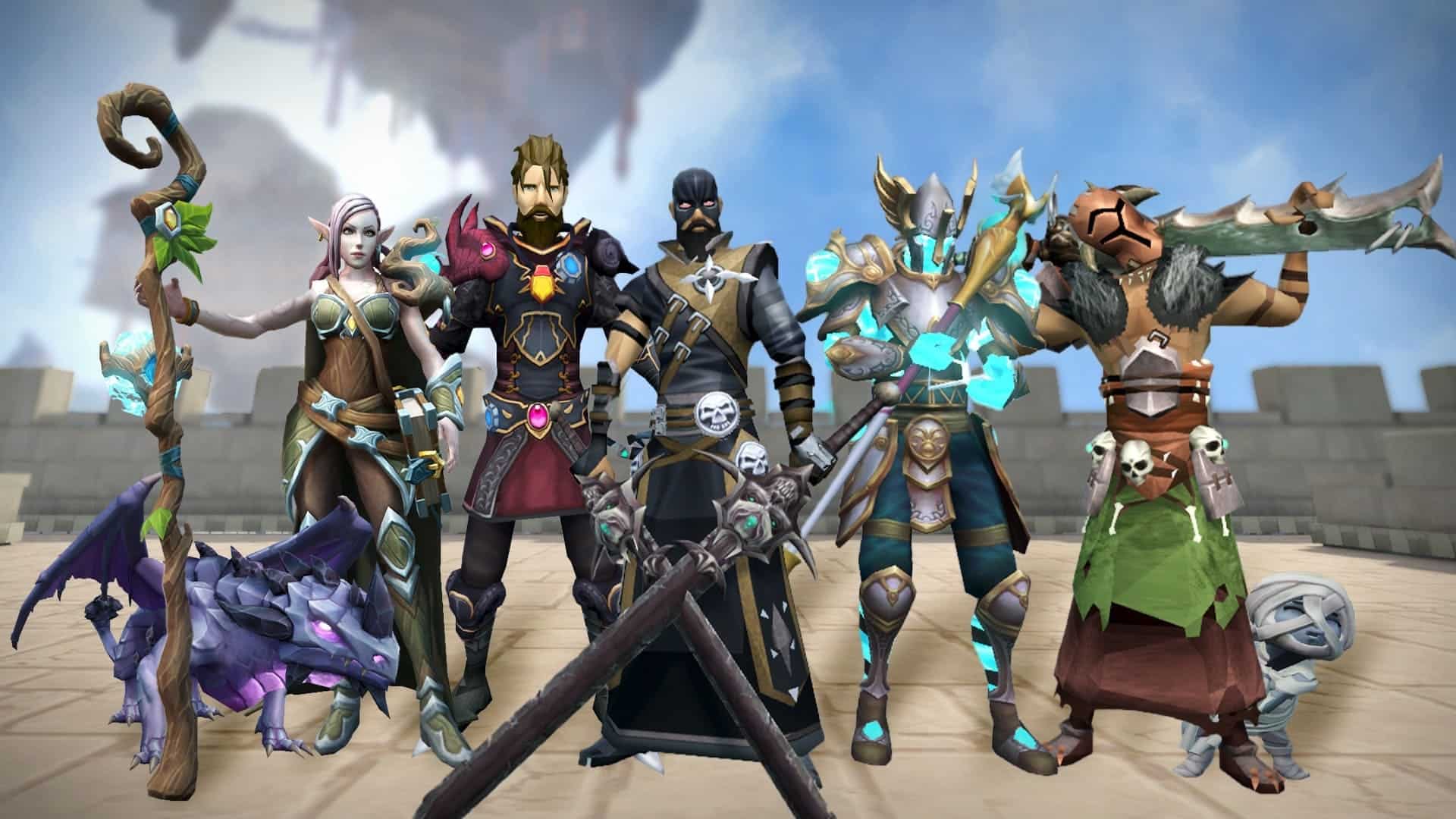 A group of diverse fantasy characters in RuneScape wearing elaborate armor and wielding magical weapons, standing on a stone platform with pets beside them.