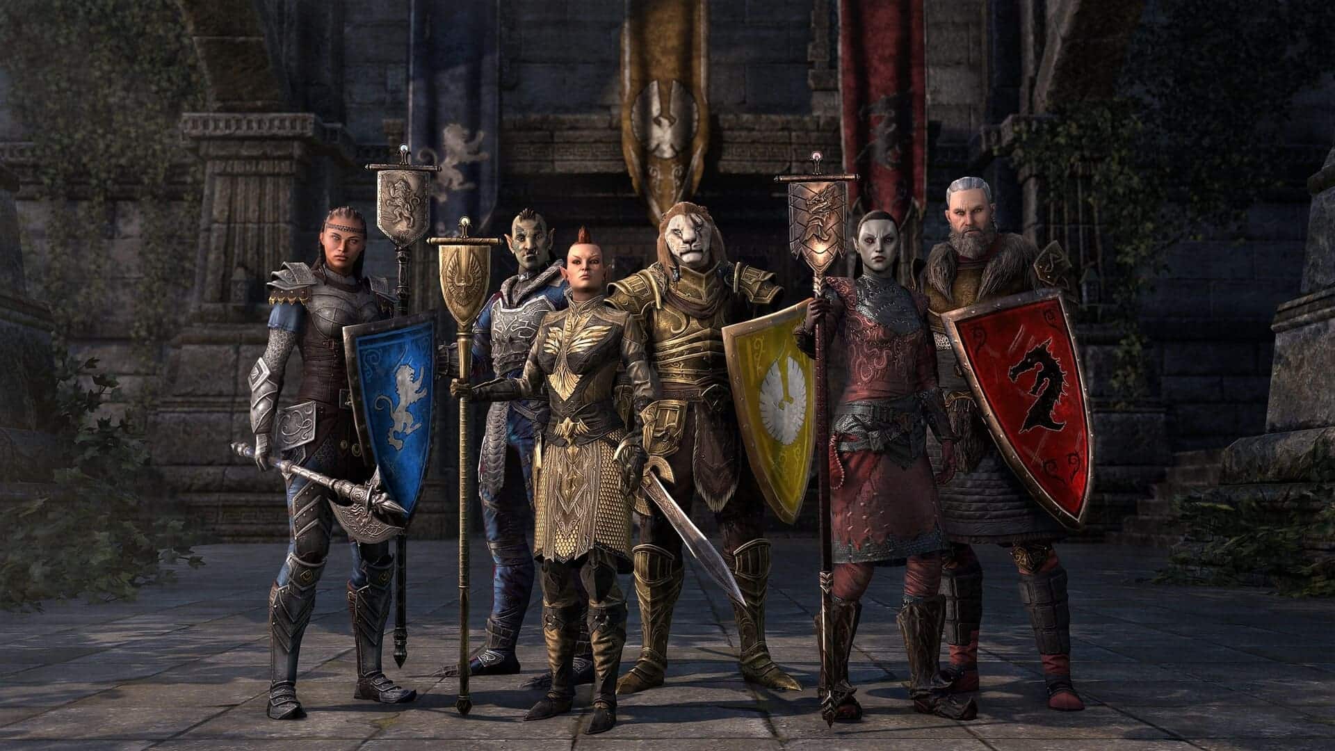 A diverse group of armored warriors from The Elder Scrolls Online stands in formation, each holding a unique shield representing their alliance, set against an ancient stone fortress backdrop.