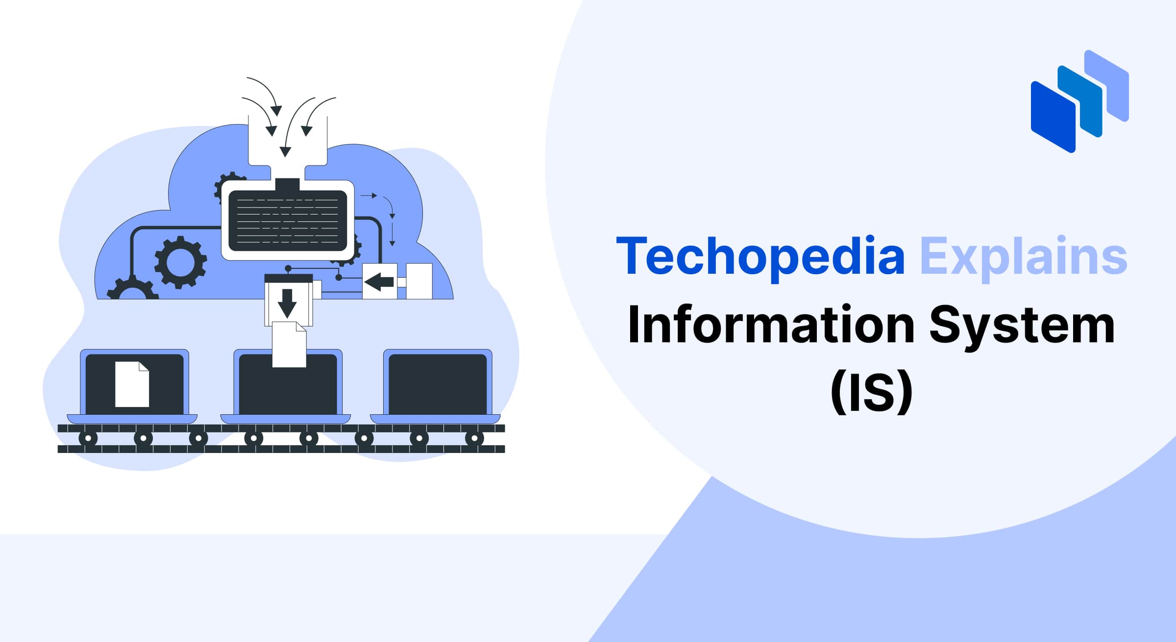Illustration depicting the concept of Information Systems, with processes and devices illustrated in a tech-themed design.