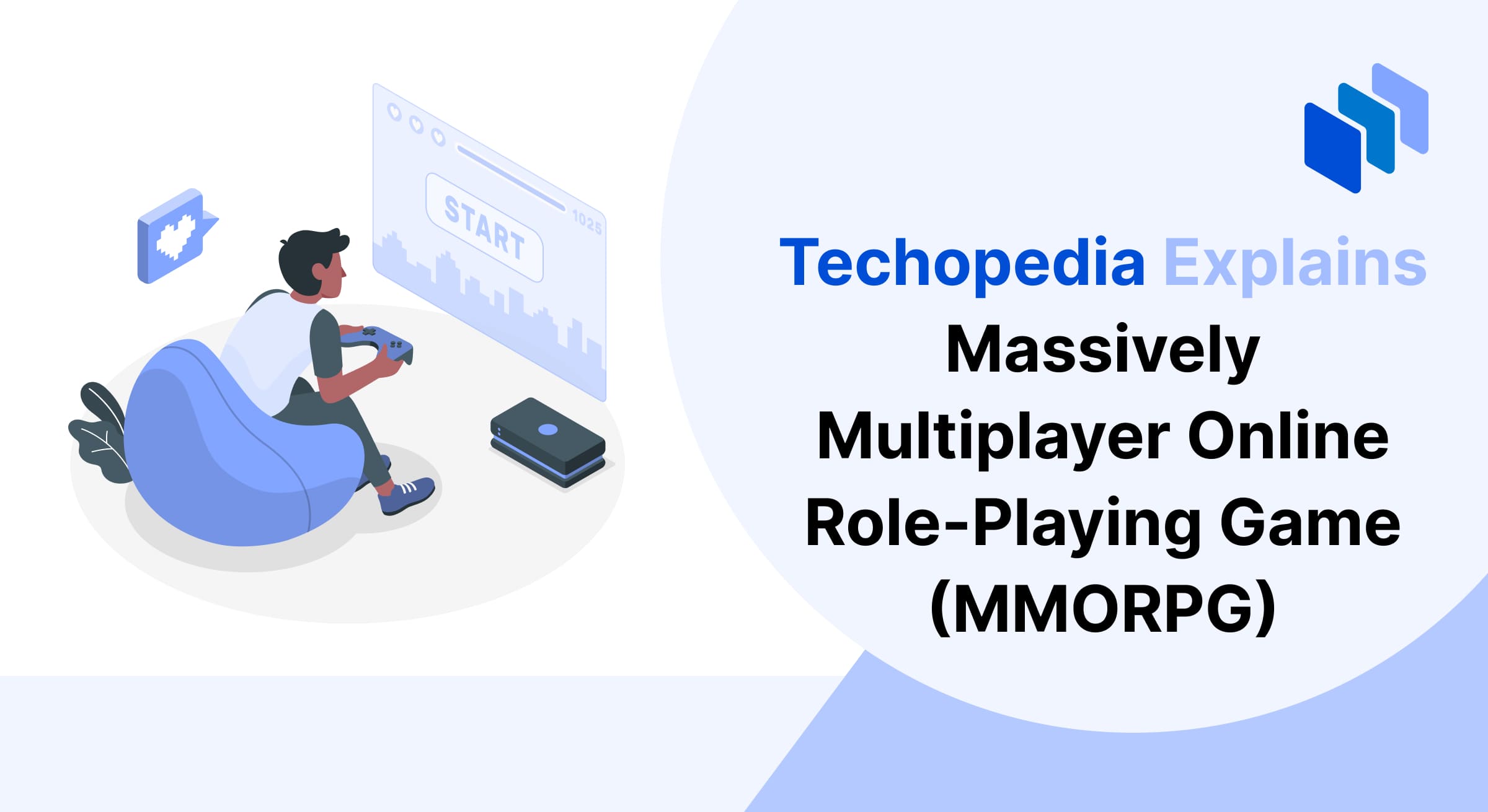Illustration of a person sitting on a bean bag chair playing a video game on a screen labeled “Start.” A gaming console is on the floor nearby, and a pixelated heart icon is visible in a speech bubble, representing the concept of Massively Multiplayer Online Role-Playing Games (MMORPGs).