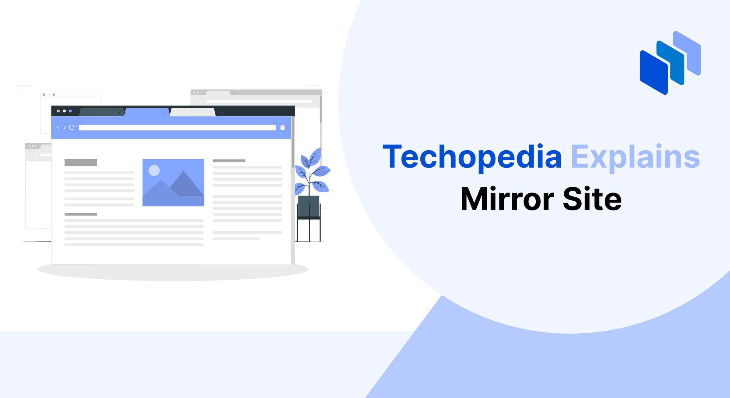 Illustration of a webpage displayed on a browser with a duplicate background, representing a mirror site, a replicated version of a primary website for backup or regional access.