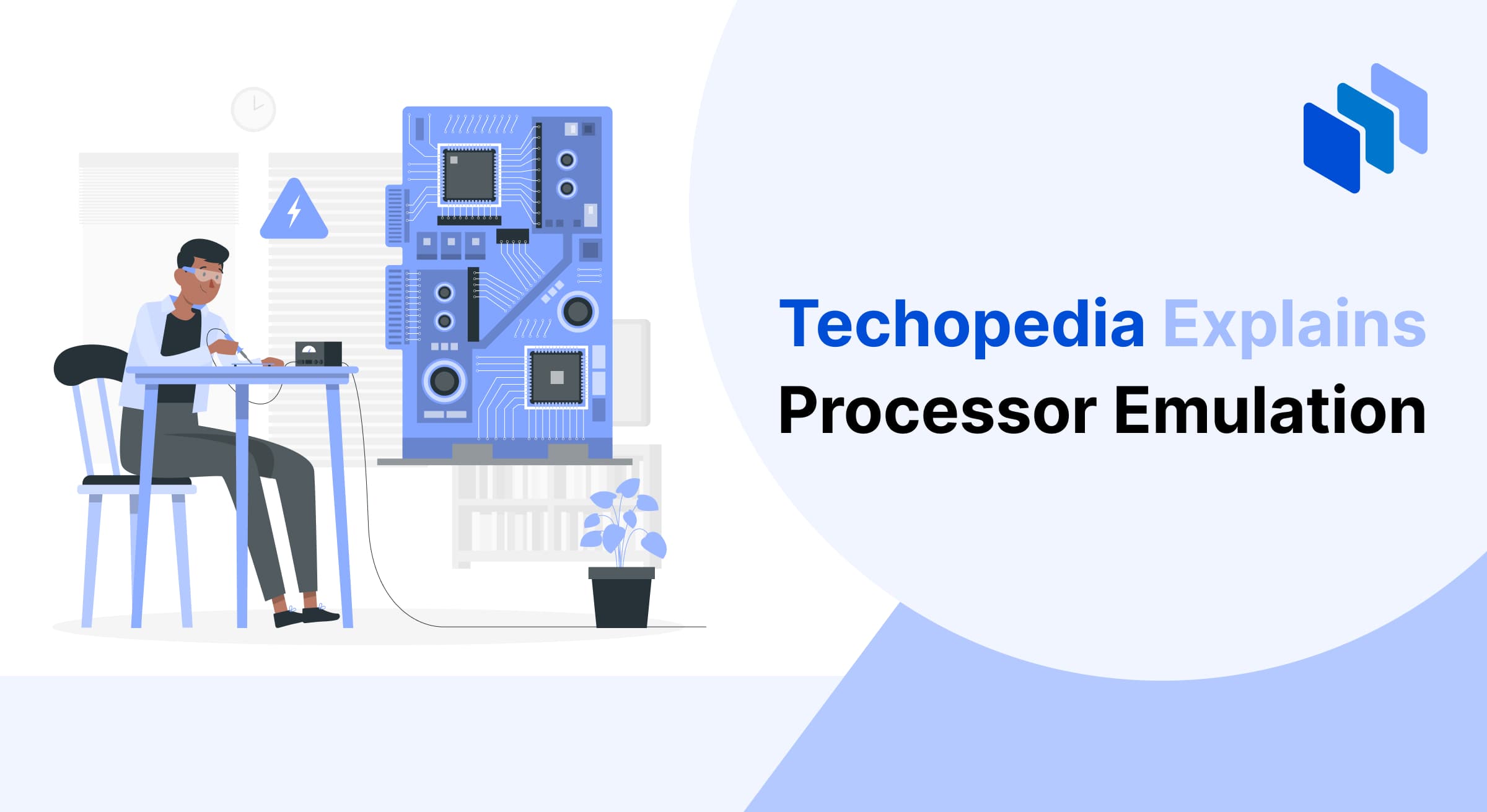 A person sits at a desk working on a processor emulator, with a large circuit board illustration in the background.