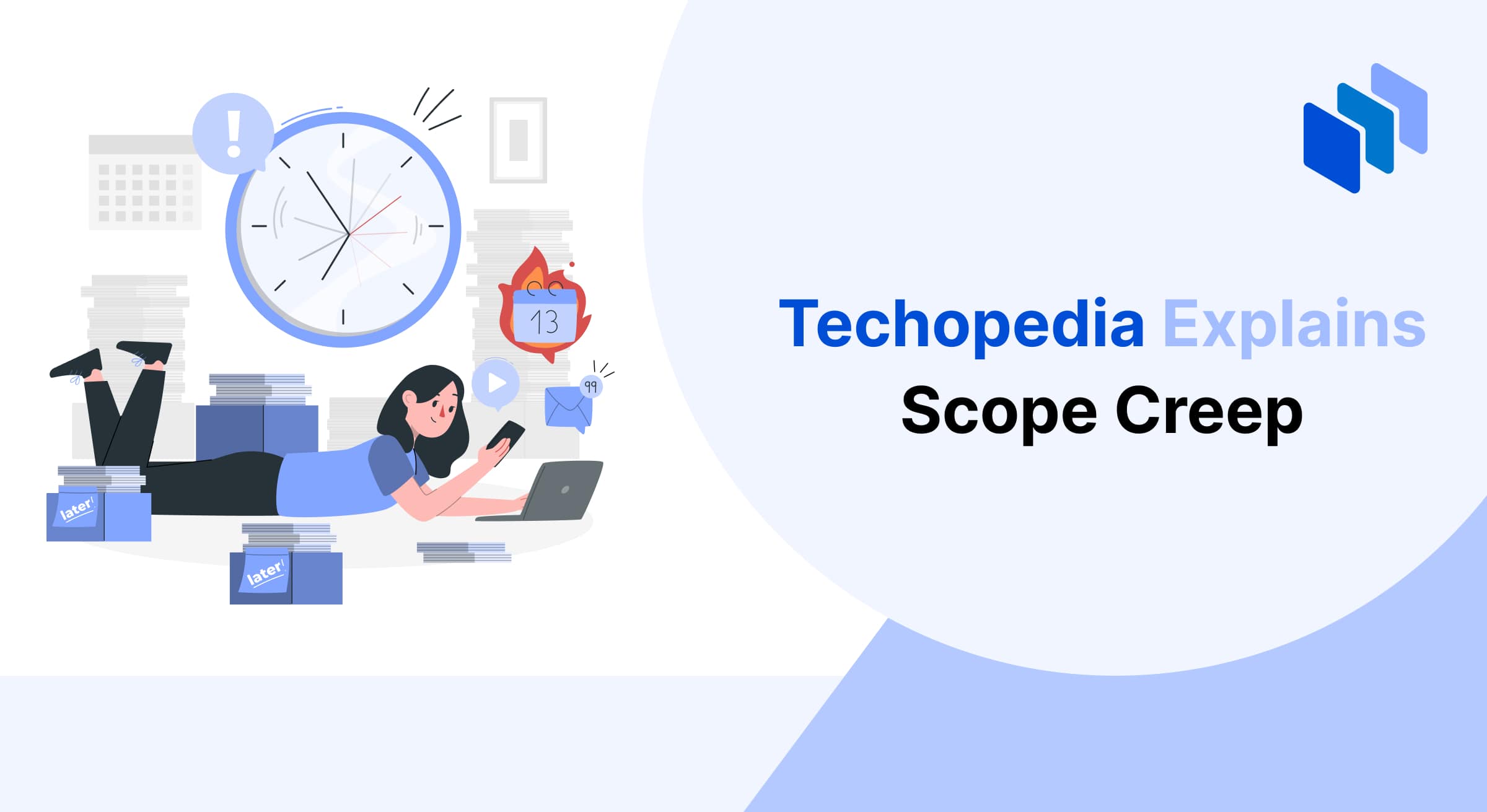 Illustration of a person working on a laptop among stacks of papers, highlighting the concept of "Scope Creep" in project management.