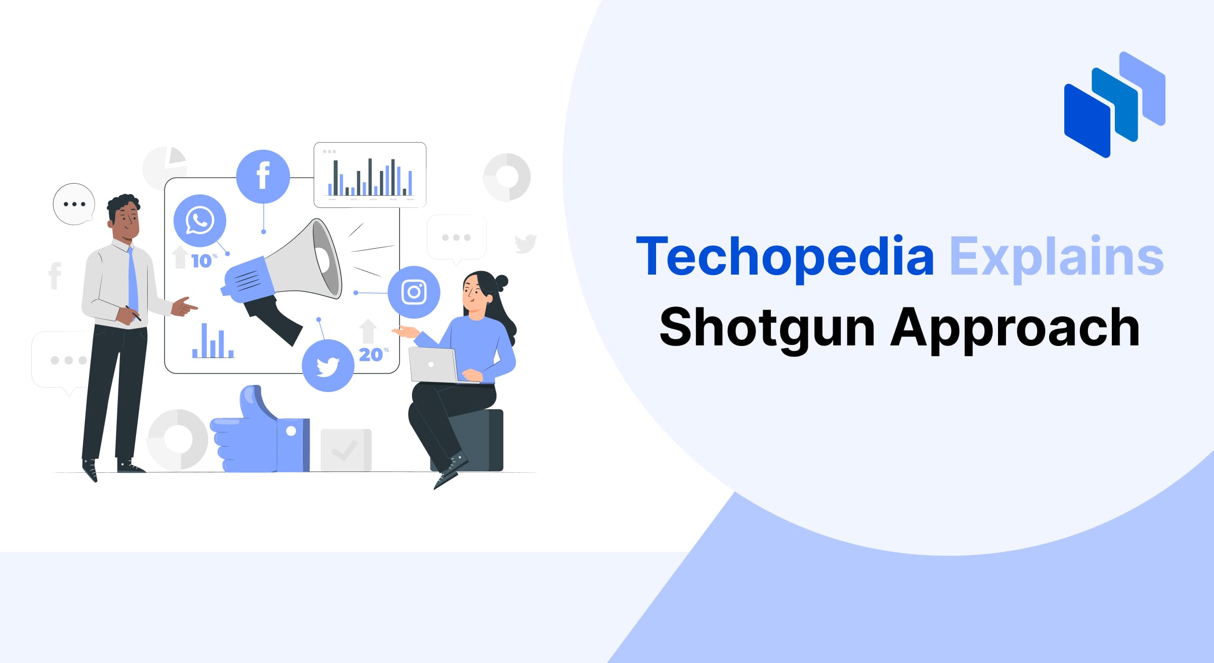 A digital graphic illustrating the "Shotgun Approach" with social media icons and data charts alongside two professional figures.