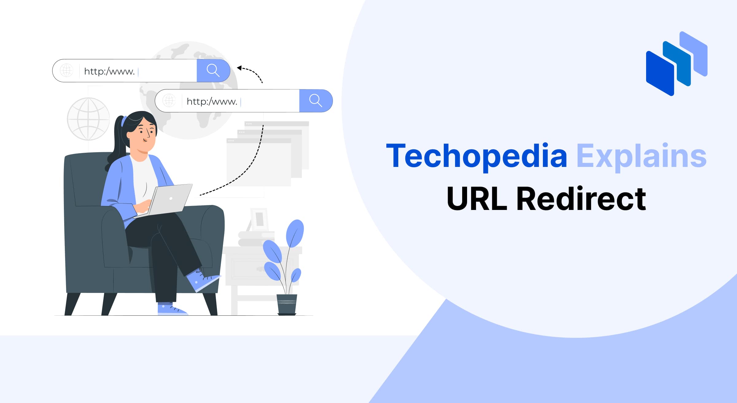 An illustration depicting a person using a laptop with search bars, emphasizing the concept of URL redirect by Techopedia.