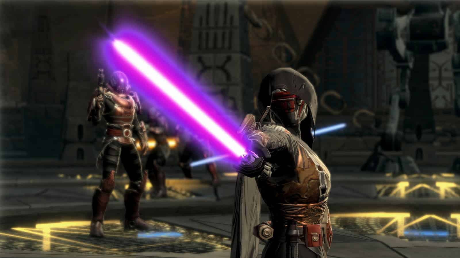 A hooded Sith warrior wielding a glowing purple lightsaber in Star Wars: The Old Republic, with armored characters and futuristic ruins in the background.