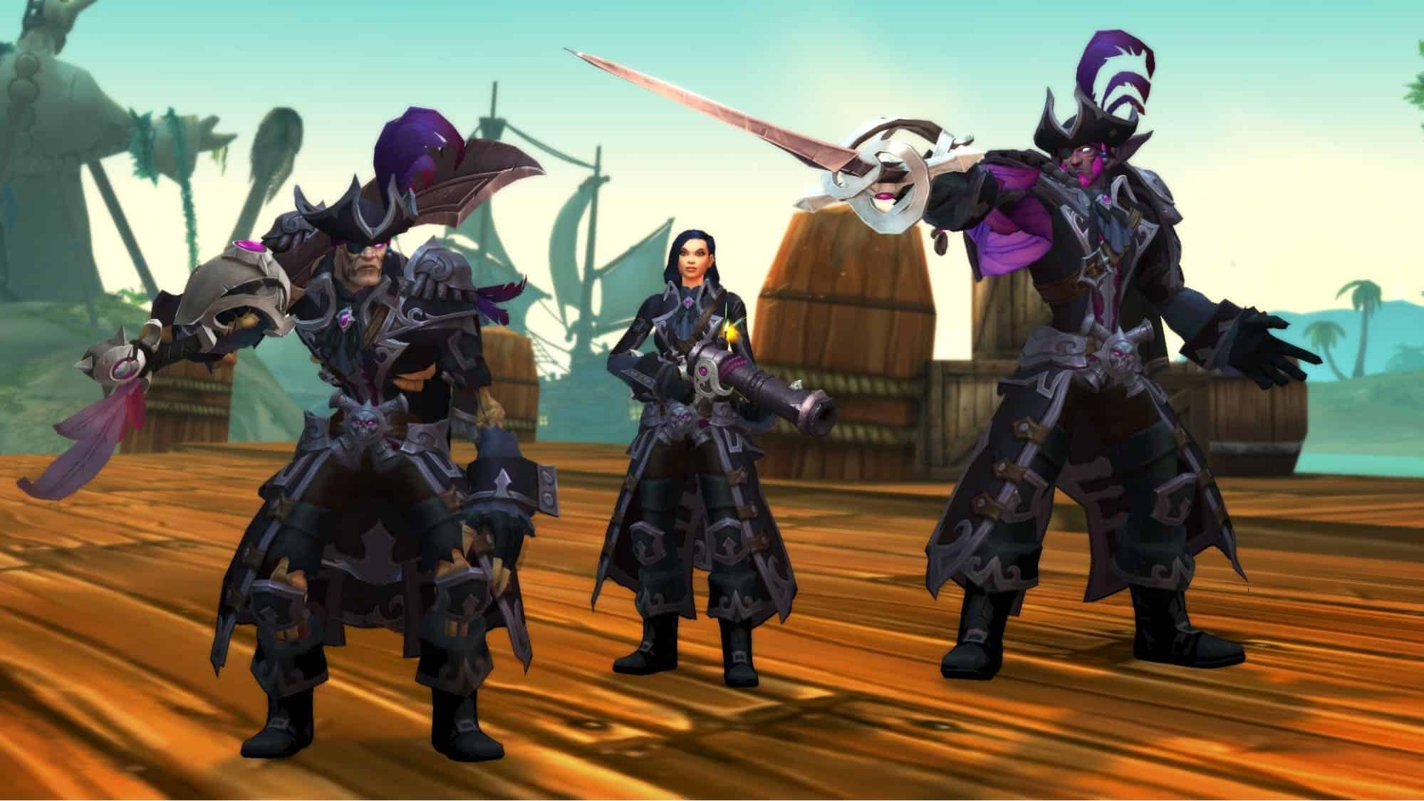 Three armored pirate-themed characters from World of Warcraft standing on a wooden ship deck, wielding weapons, with a tropical island in the background.