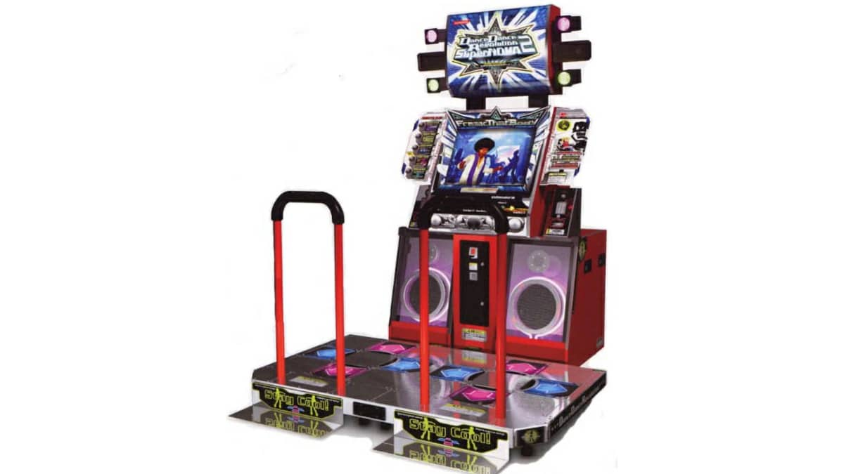 Dance Dance Revolution arcade machine with colorful dance pads and a vibrant screen, inviting players to enjoy rhythmic gameplay.