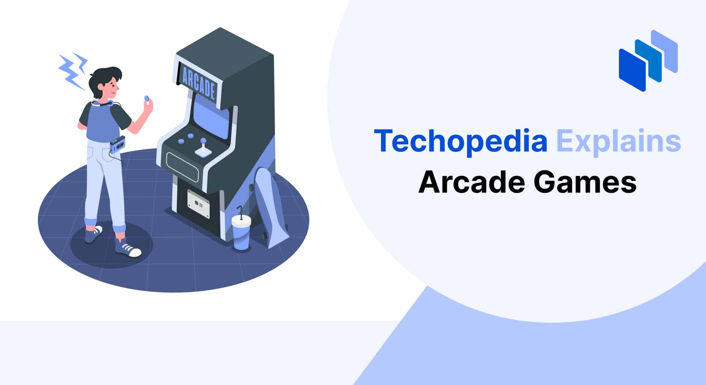 A person plays an arcade game, holding a coin, with a skateboard and drink nearby. Text reads "Techopedia Explains Arcade Games."