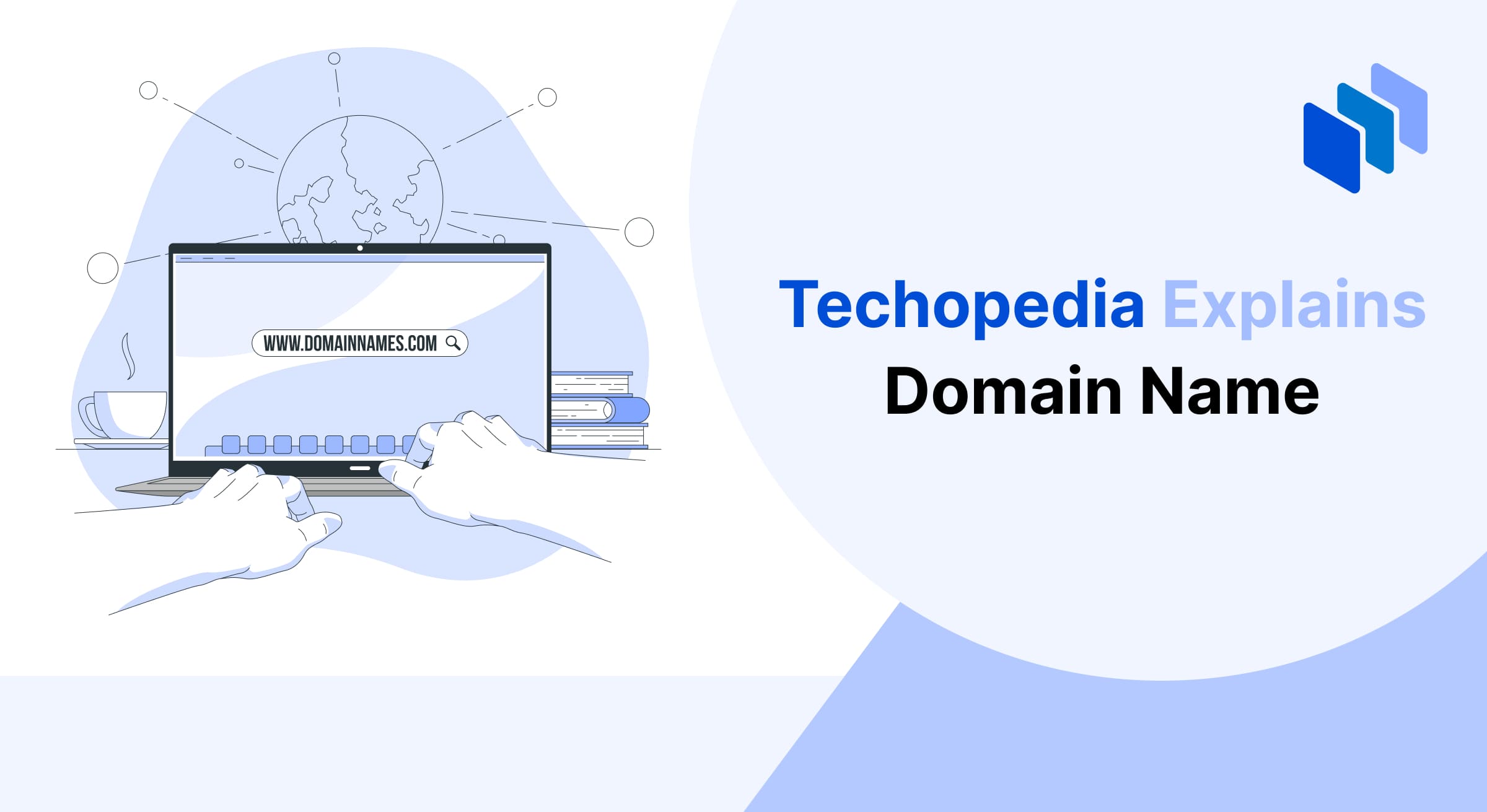 Illustration of a laptop displaying a search bar with a domain name, surrounded by a globe and digital connections, symbolizing domain names and their global nature.