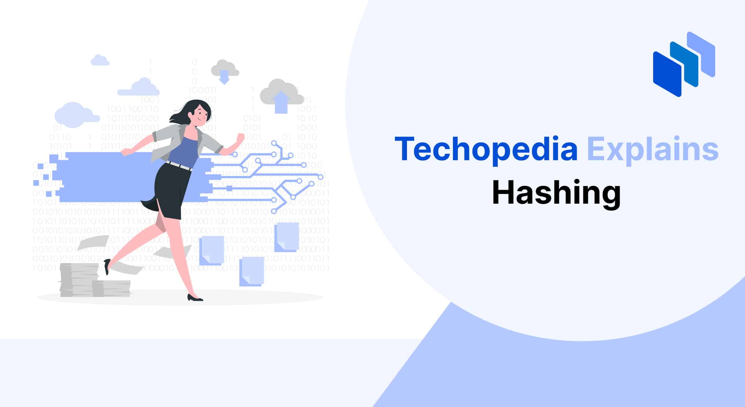 A diagram explaining the concept of hashing, accompanied by the text "Techopedia Explains."