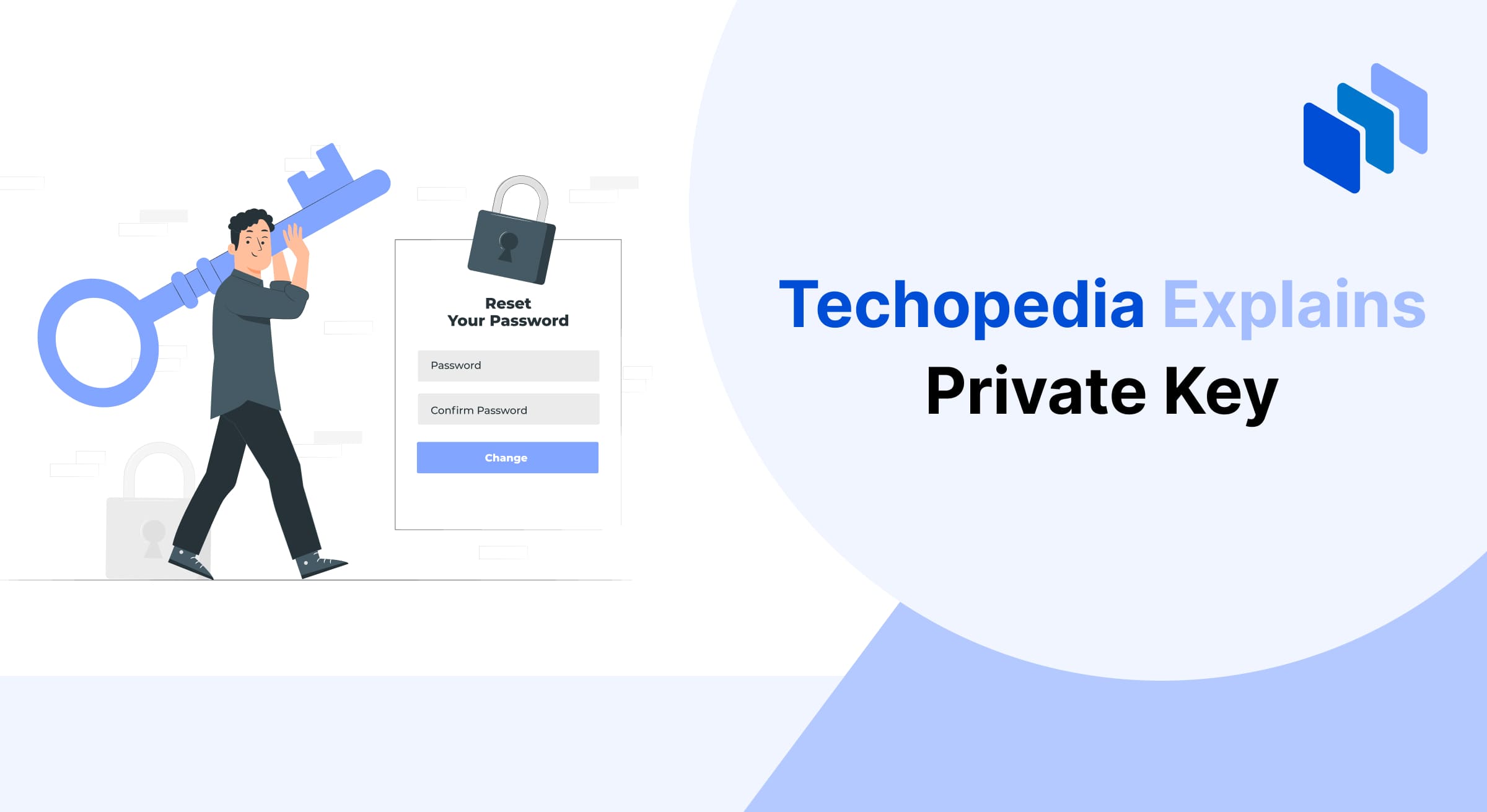 Illustration explaining a private key, showing a person carrying a large symbolic key alongside a password reset interface with fields to enter and confirm a password, emphasizing security and encryption concepts.