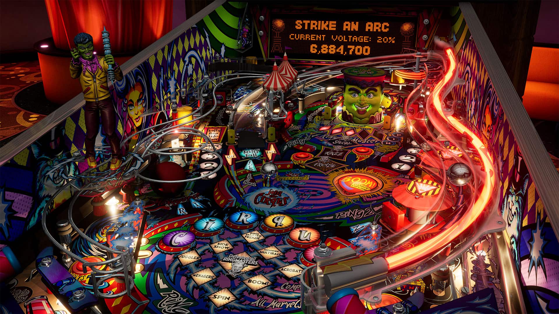 A vibrant pinball machine with colorful artwork, featuring various targets, ramps, and lights, creating an energetic arcade atmosphere.