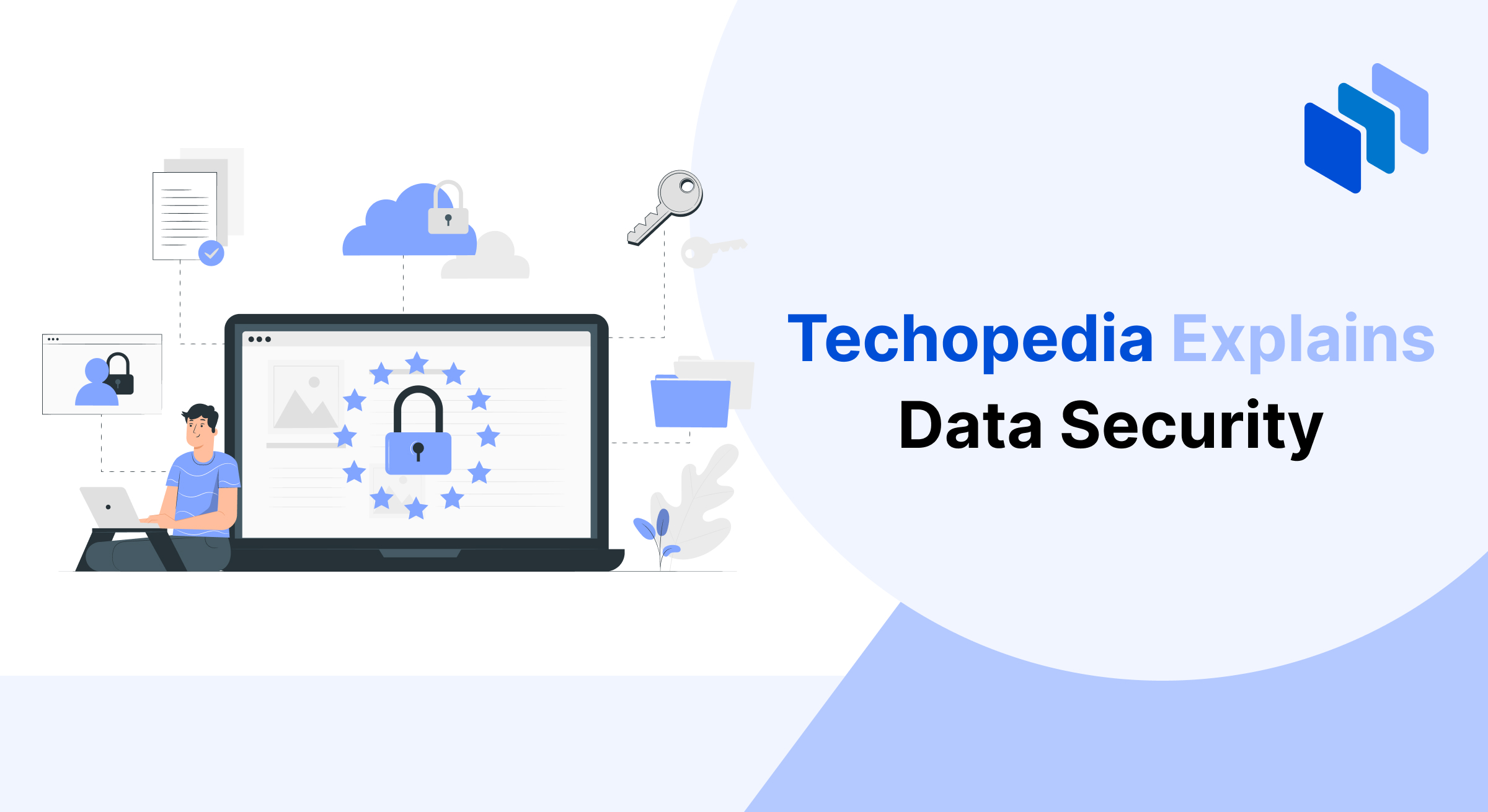 An illustration of a person using a laptop surrounded by icons of locked clouds, keys, and files. A large laptop screen displays a lock icon surrounded by stars, symbolizing data protection and security concepts.