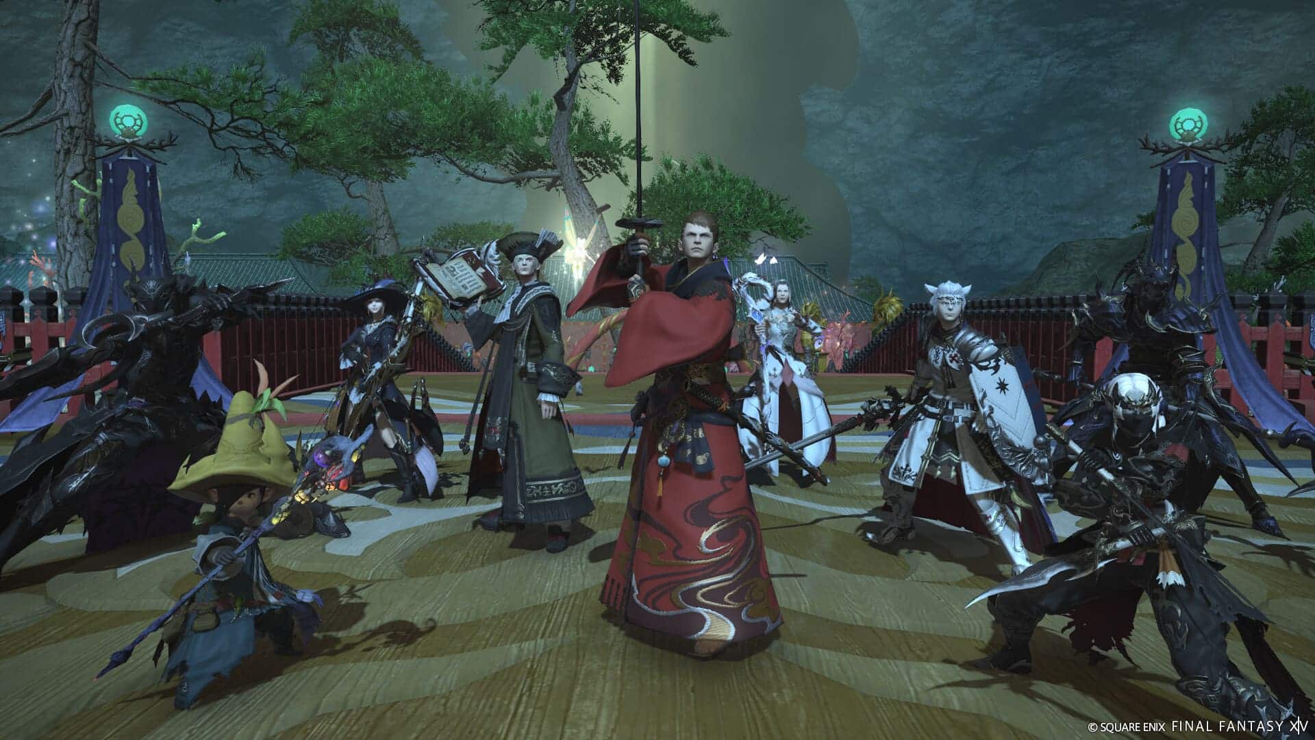 A group of diverse fantasy characters in Final Fantasy XIV Online, including warriors, mages, and rogues, posing in a Japanese-inspired environment with glowing symbols and banners.