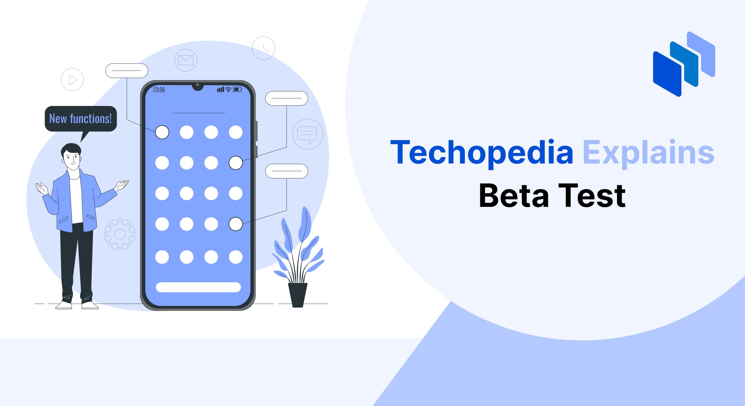 Illustration of a person introducing a mobile app with new functions, symbolizing the concept of beta testing as a phase in software development to identify and resolve issues before release.