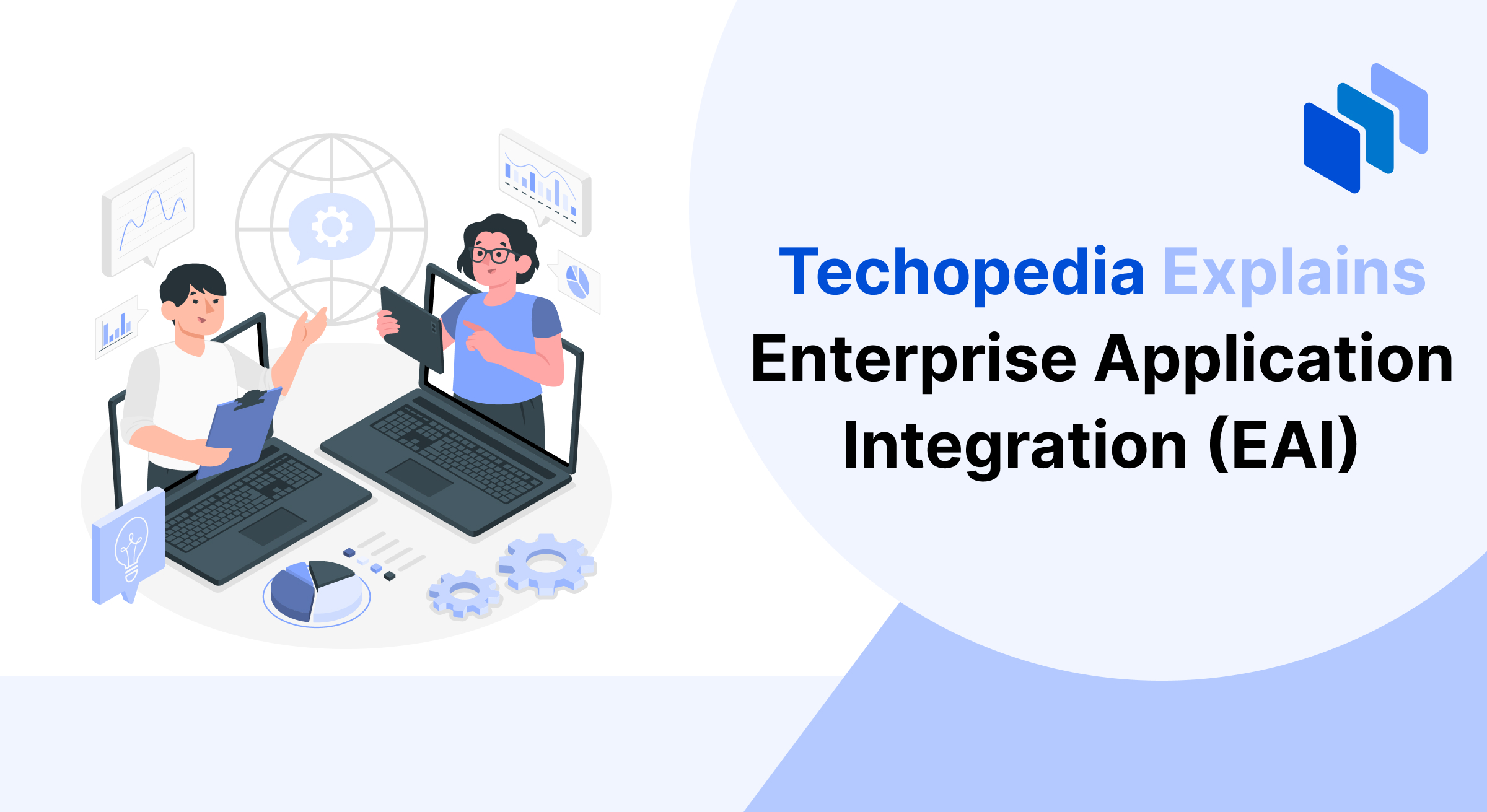 An illustration showing two people collaborating with laptops, charts, and gear icons, symbolizing the concept of Enterprise Application Integration (EAI).