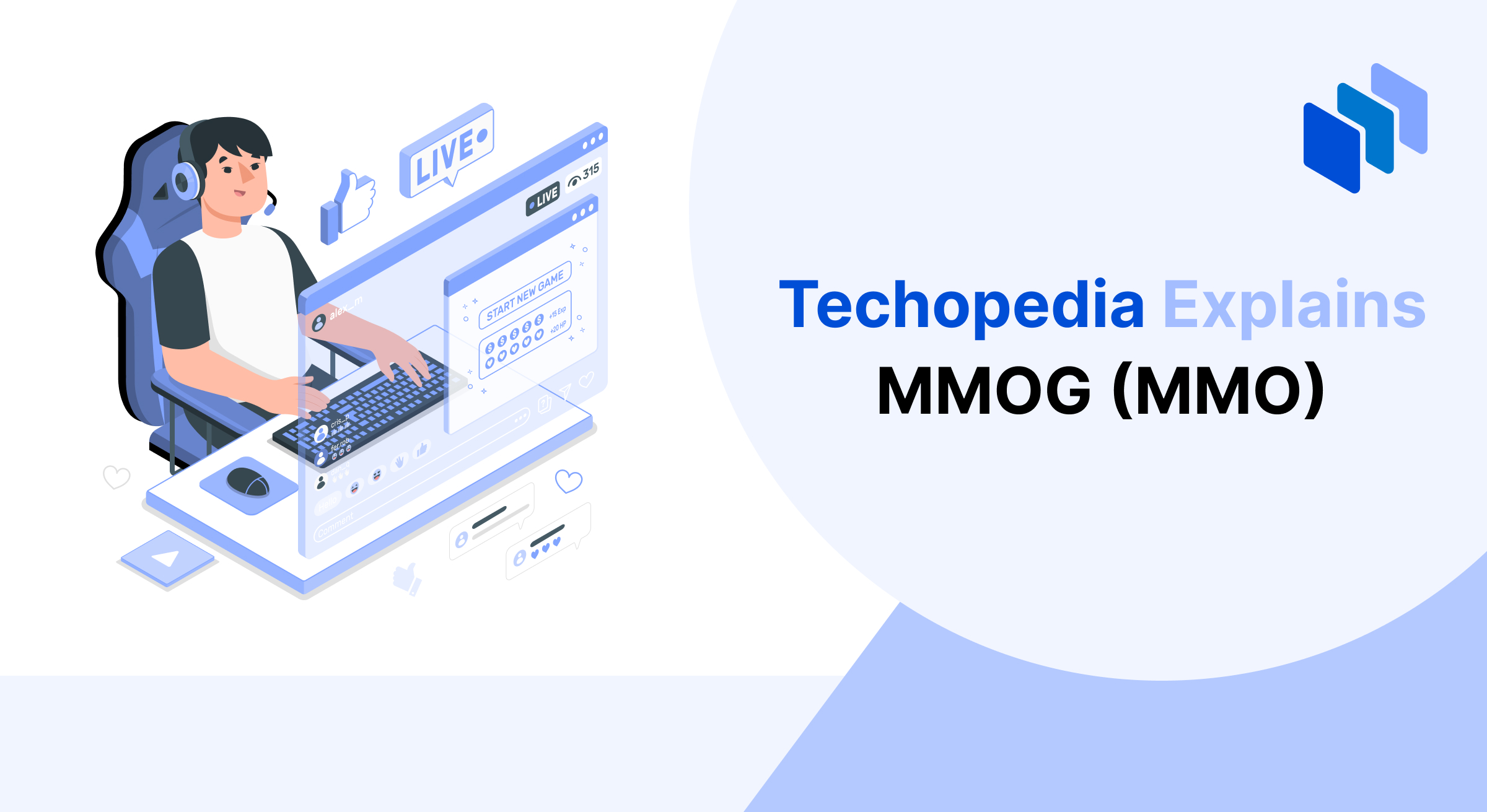 Illustration of a gamer sitting at a desk with a headset, interacting with an online multiplayer game interface, representing the concept of MMOG (Massively Multiplayer Online Games).