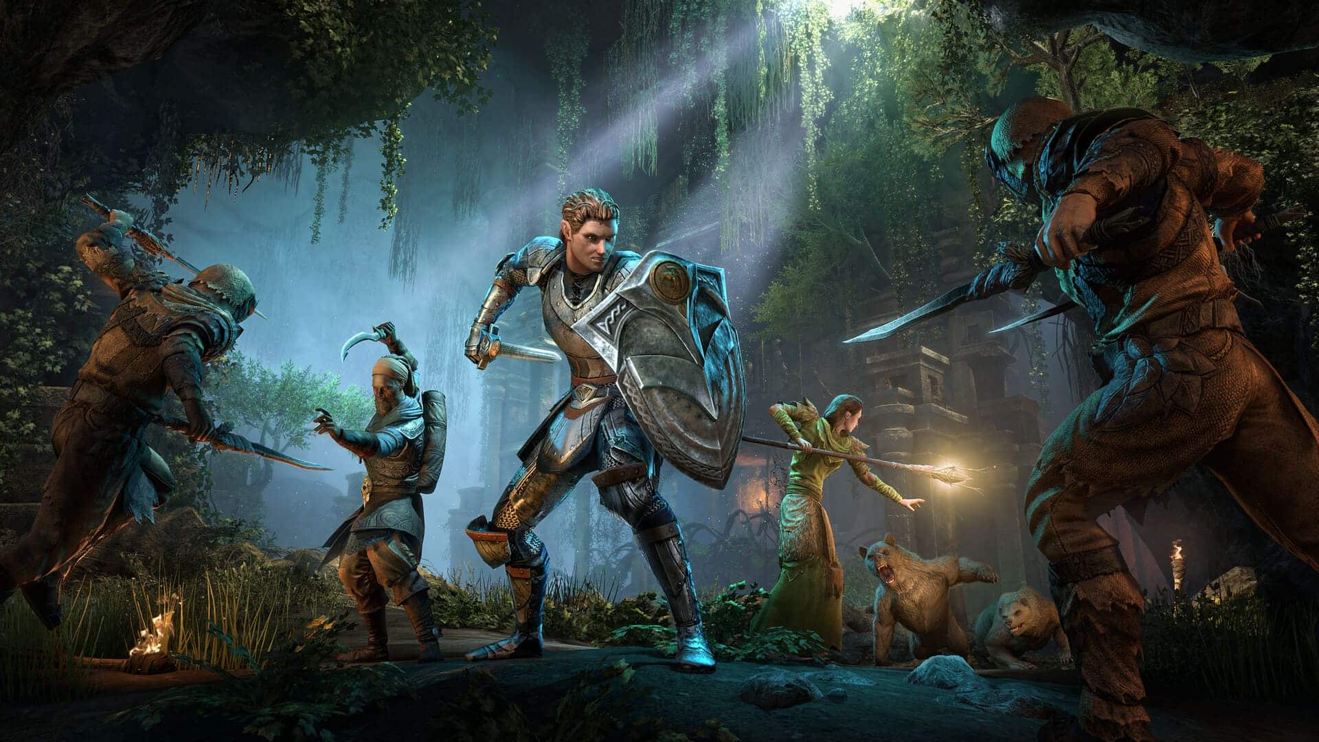 A heavily armored warrior with a shield and sword fights against multiple bandits in a lush, mystical forest, while a mage and a bear companion provide support.