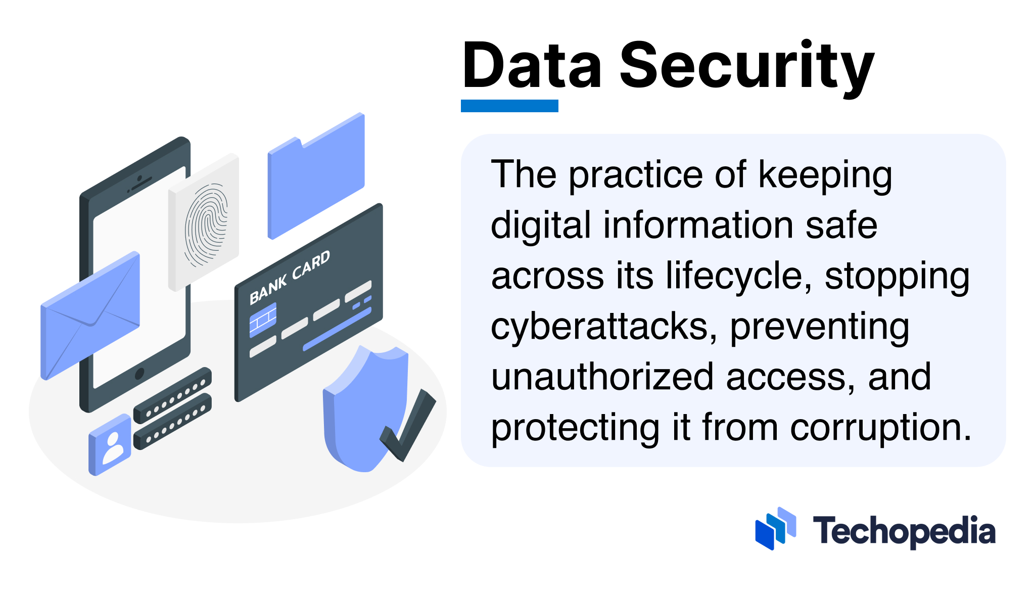 An illustration of cybersecurity concepts showing a smartphone, fingerprint icon, password fields, bank card, and a shield with a checkmark, symbolizing data protection, authentication, and secure digital access.