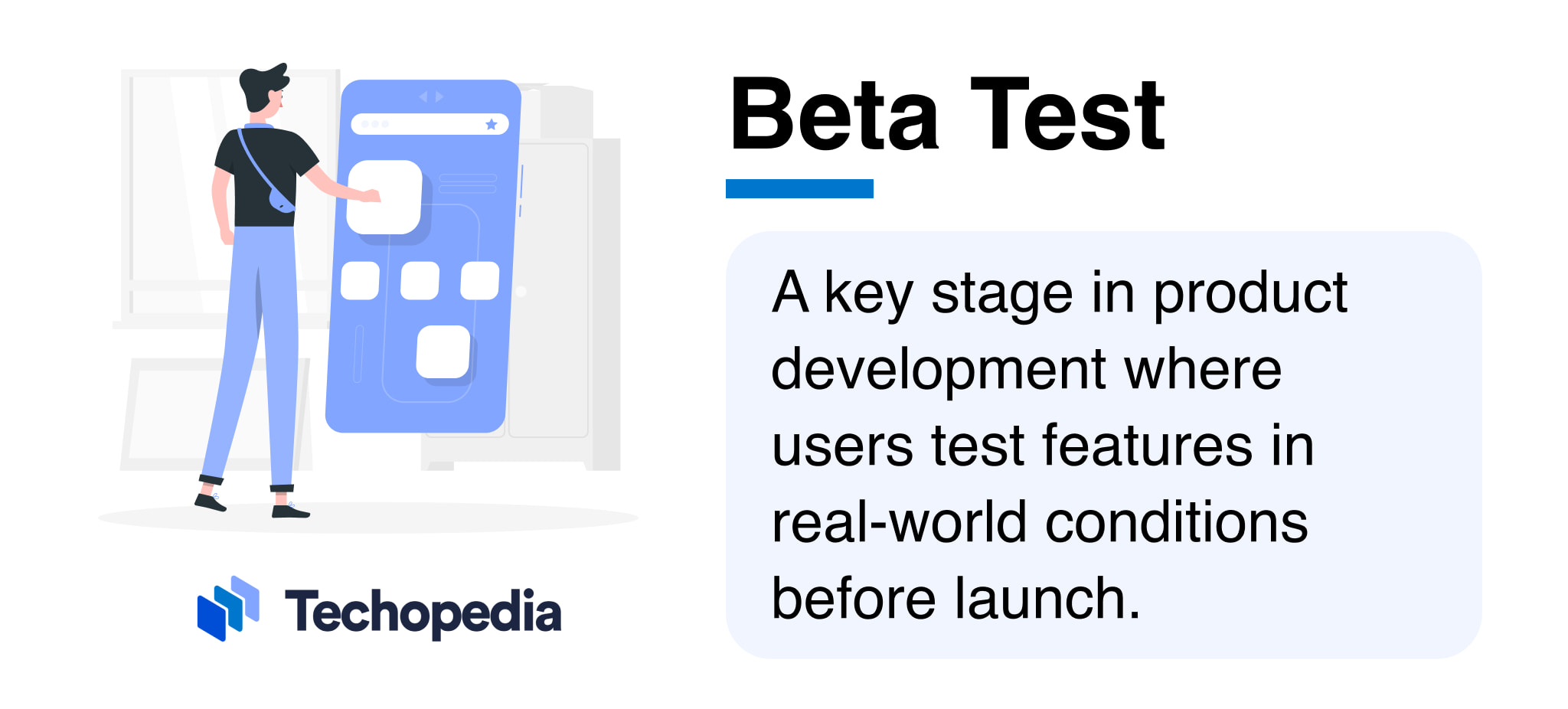 Illustration of a person interacting with a mobile app interface for a "Beta Test" concept.