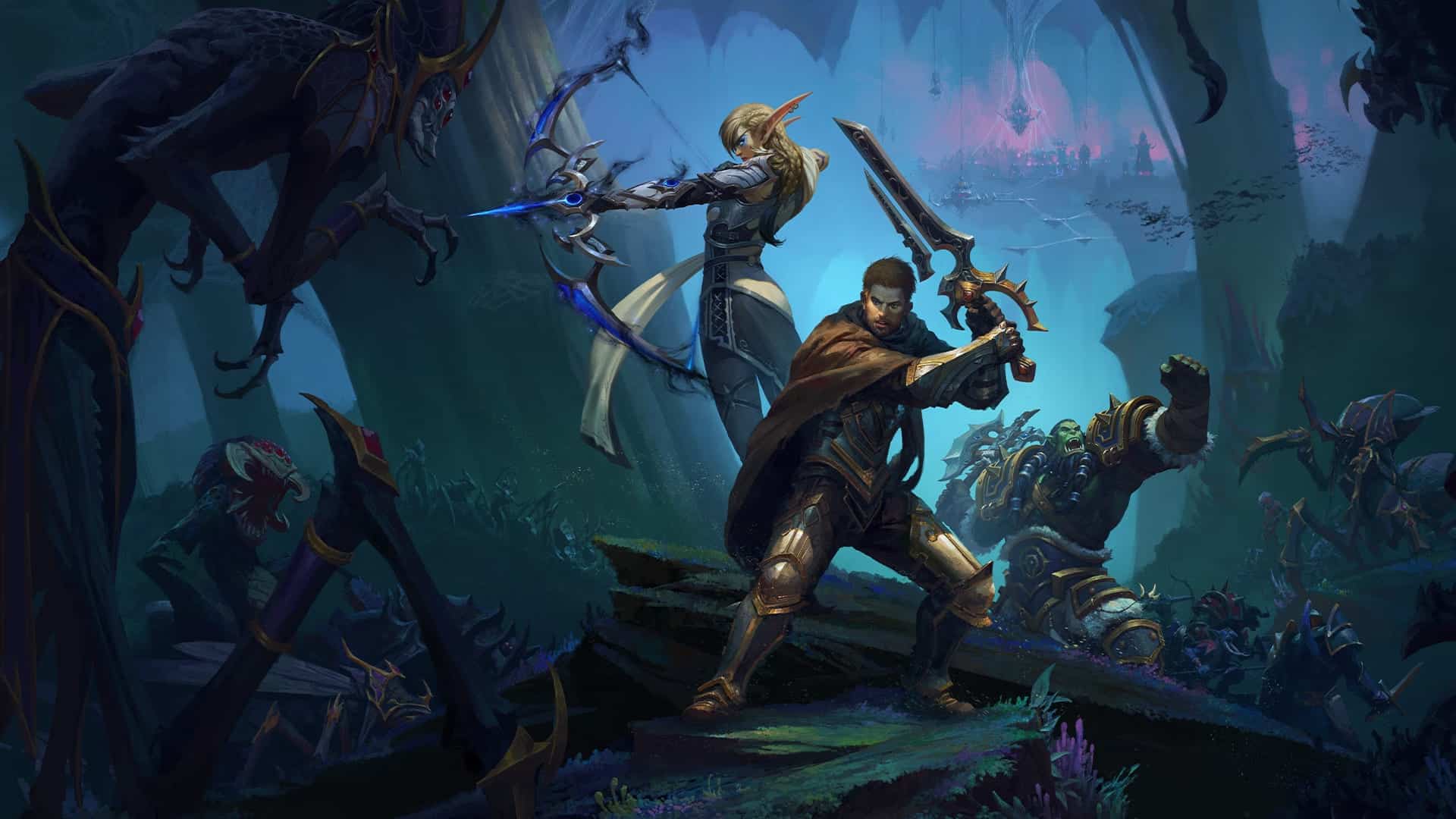 An epic fantasy battle scene from World of Warcraft, featuring a warrior, an elf archer, and an orc fighting against monstrous creatures in a dark, mystical environment.